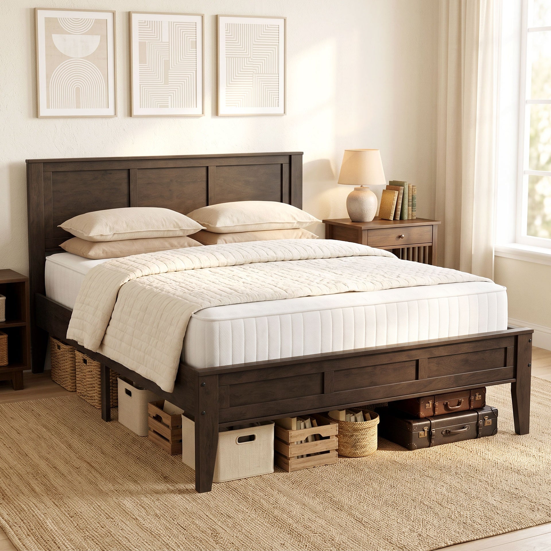 HOMCOM Queen Size Bed Frame with Headboard and Footboard, Mid-Century Modern Platform Bed Frame with Under-Bed Storage, Walnut