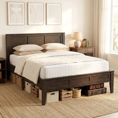 HOMCOM Queen Size Bed Frame with Headboard and Footboard, Mid-Century Modern Platform Bed Frame with Under-Bed Storage, Walnut
