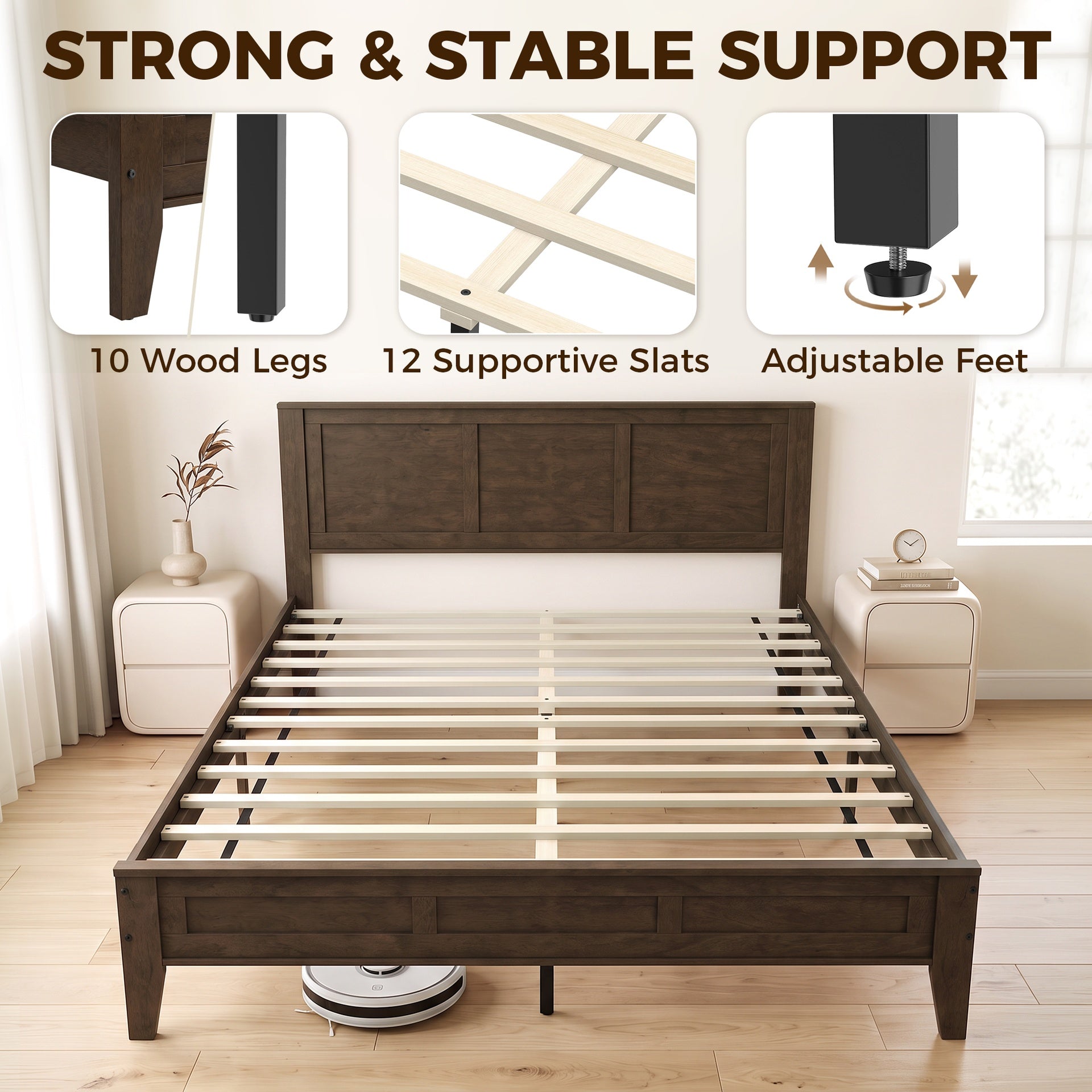 HOMCOM Queen Size Bed Frame with Headboard and Footboard, Mid-Century Modern Platform Bed Frame with Under-Bed Storage, Walnut
