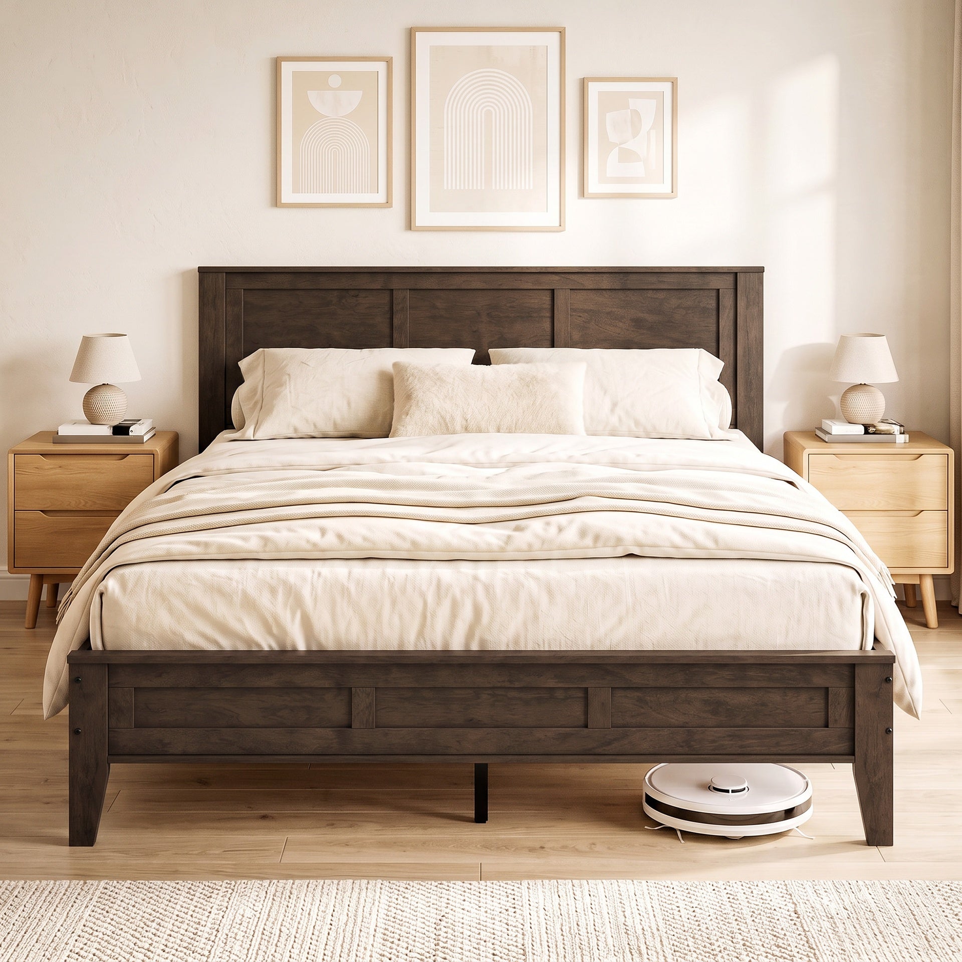 HOMCOM Queen Size Bed Frame with Headboard and Footboard, Mid-Century Modern Platform Bed Frame with Under-Bed Storage, Walnut