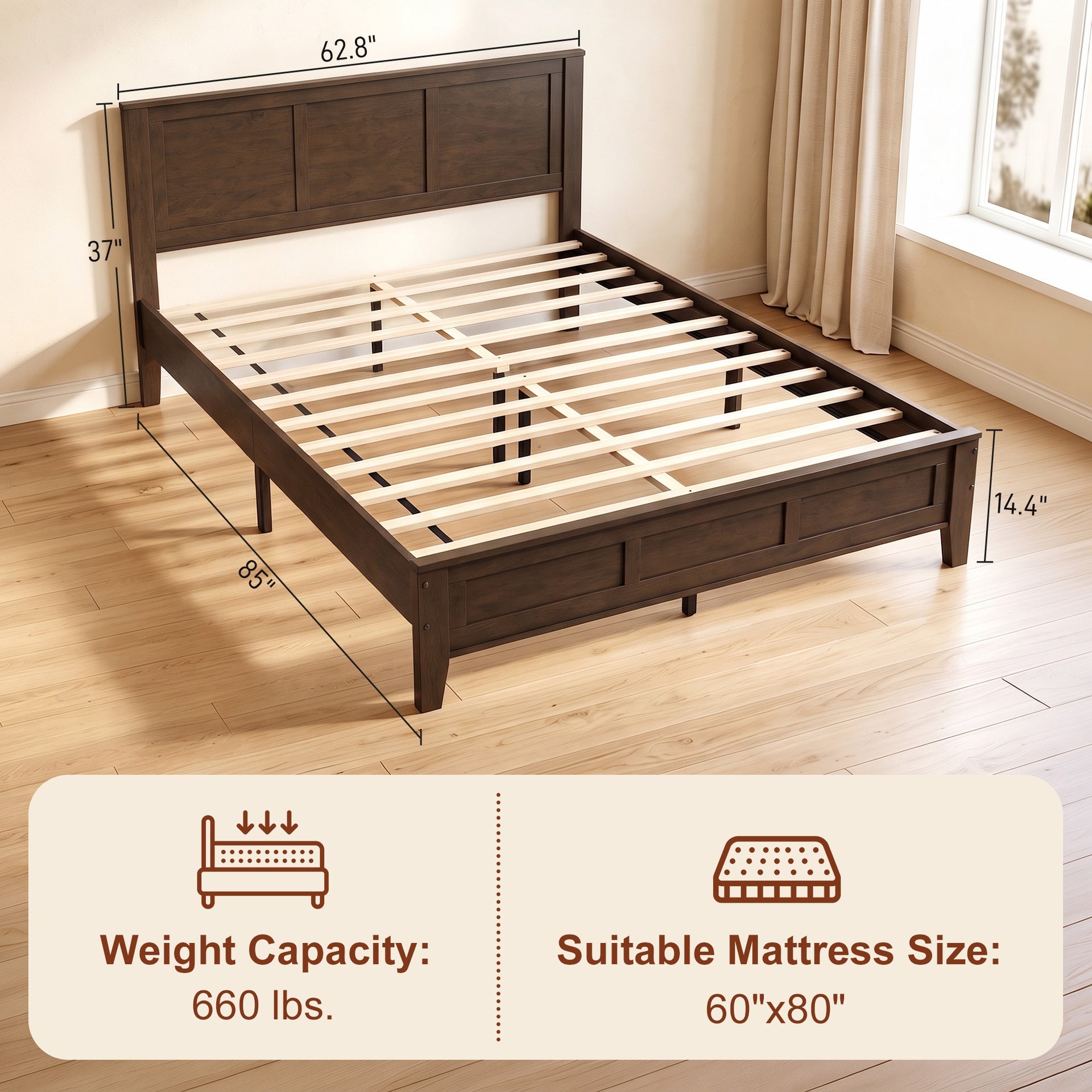 HOMCOM Queen Size Bed Frame with Headboard and Footboard, Mid-Century Modern Platform Bed Frame with Under-Bed Storage, Walnut