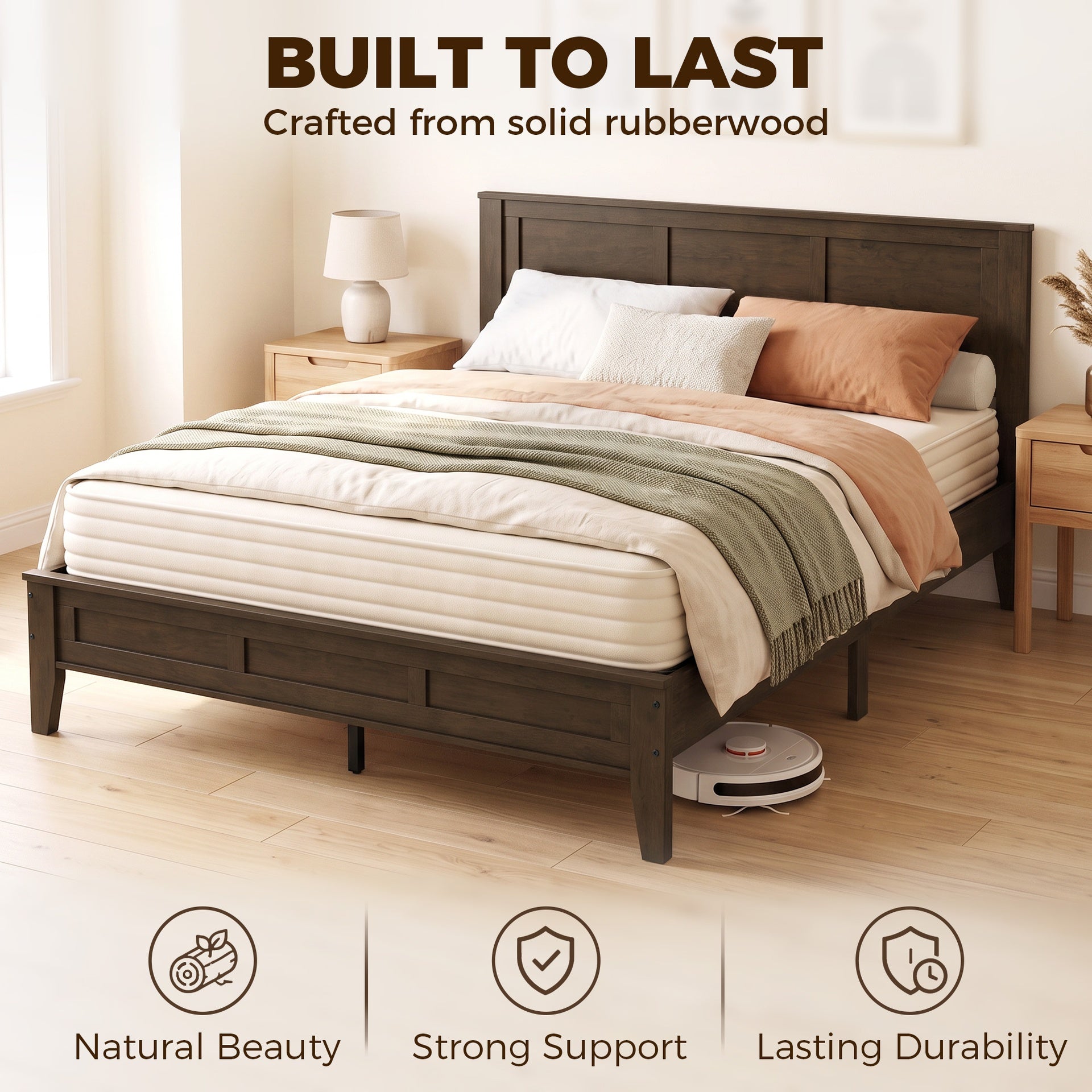 HOMCOM Queen Size Bed Frame with Headboard and Footboard, Mid-Century Modern Platform Bed Frame with Under-Bed Storage, Walnut