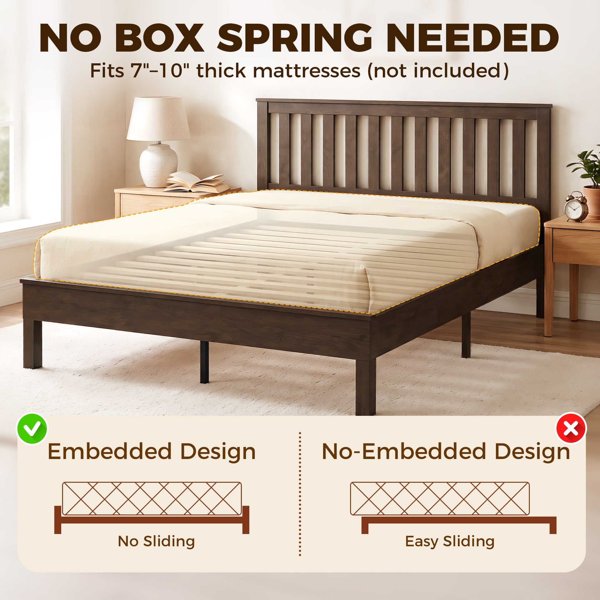 HOMCOM Queen Size Bed Frame with Headboard and Footboard, Mid-Century Modern Wood Platform Bed Frame, Walnut