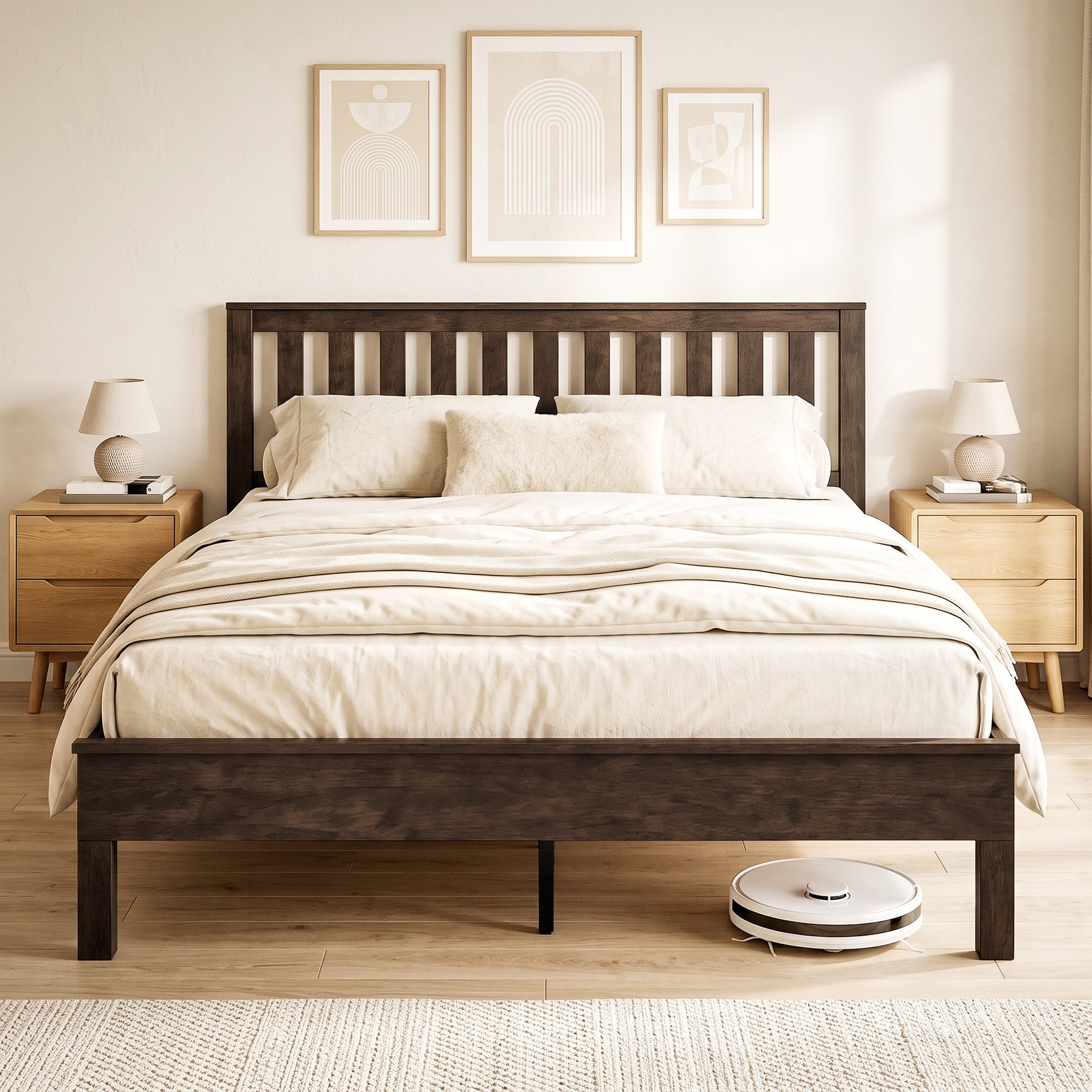 HOMCOM Queen Size Bed Frame with Headboard and Footboard, Mid-Century Modern Wood Platform Bed Frame, Walnut
