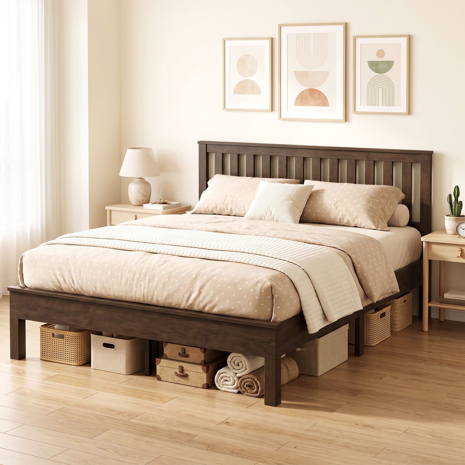 HOMCOM Queen Size Bed Frame with Headboard and Footboard, Mid-Century Modern Wood Platform Bed Frame, Walnut