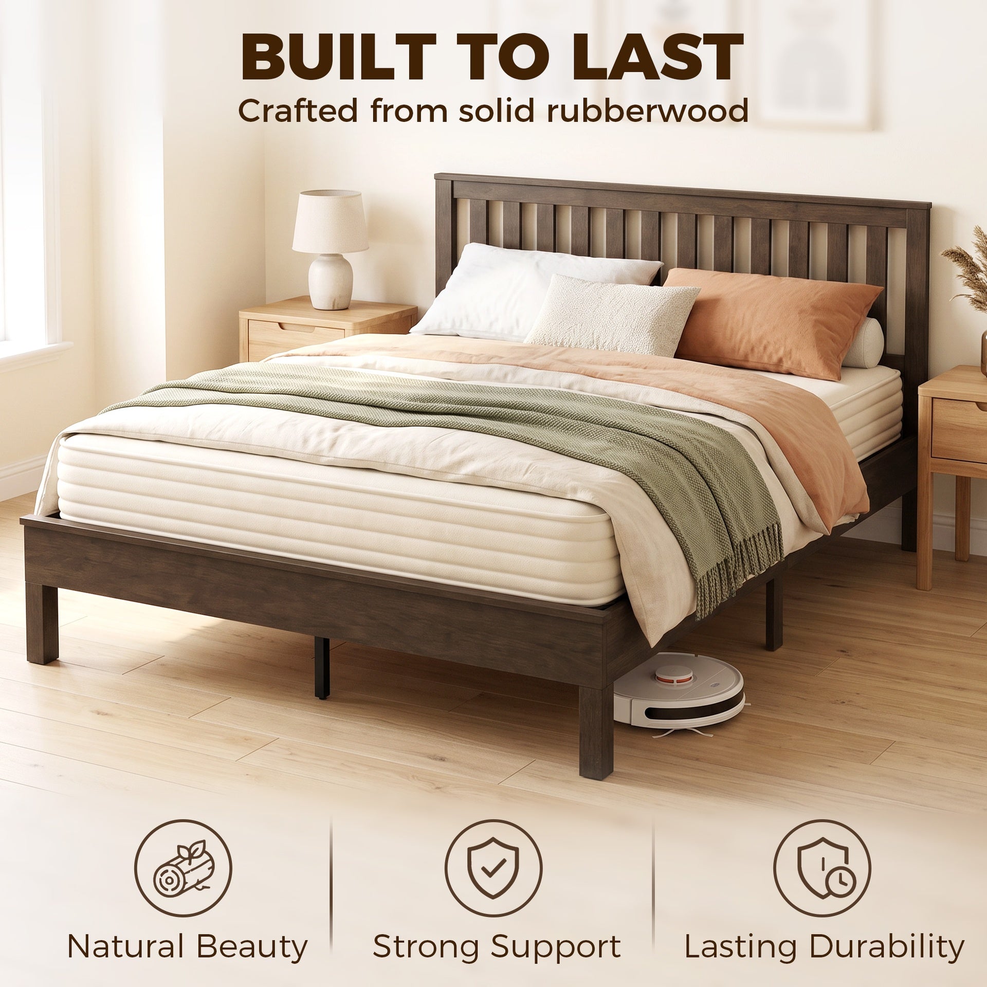 HOMCOM Queen Size Bed Frame with Headboard and Footboard, Mid-Century Modern Wood Platform Bed Frame, Walnut