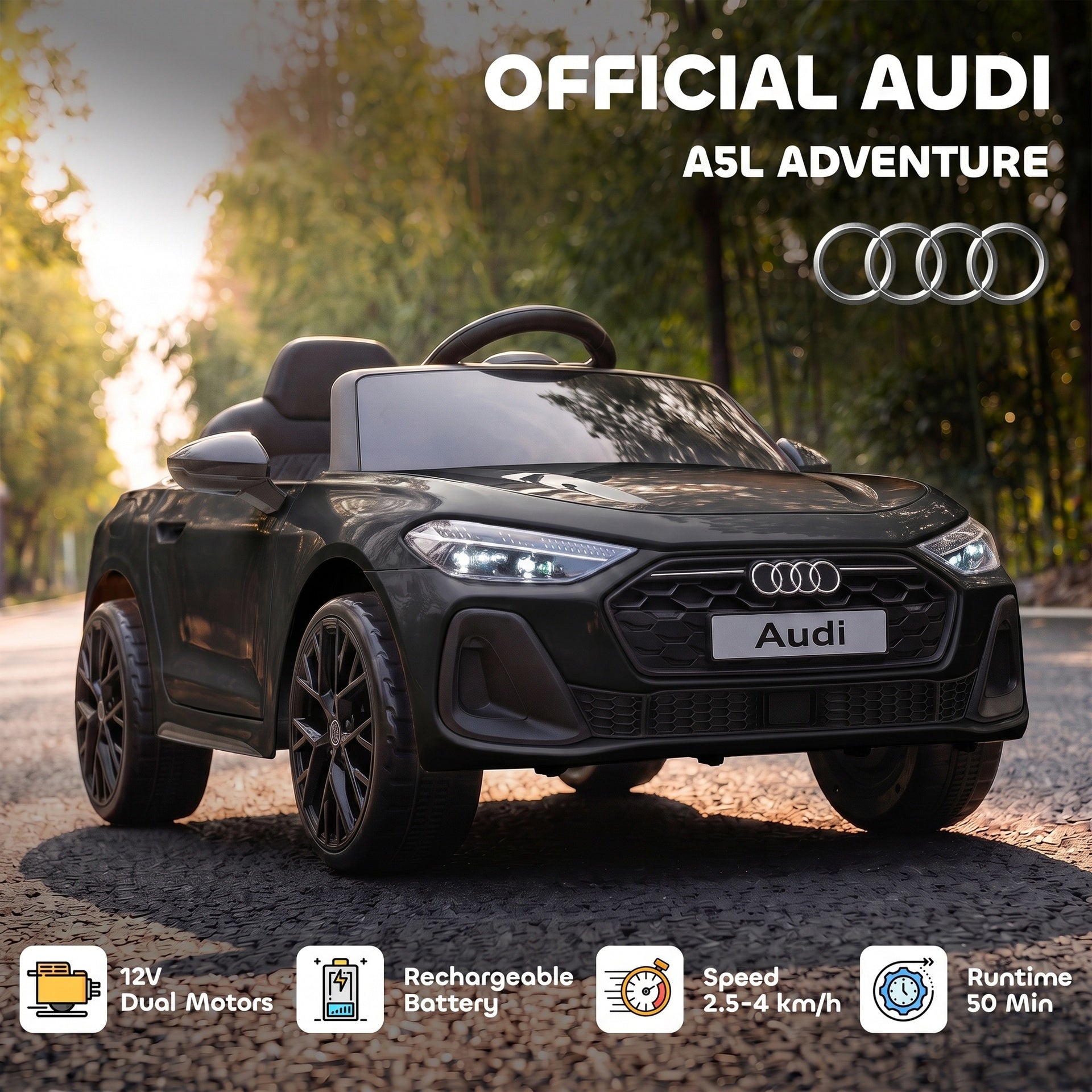 Qaba Audi A5L Licensed Electric Ride on Car for Kids 3-6 with Remote Control Dual Motors 4-Wheel Suspension Music, Black