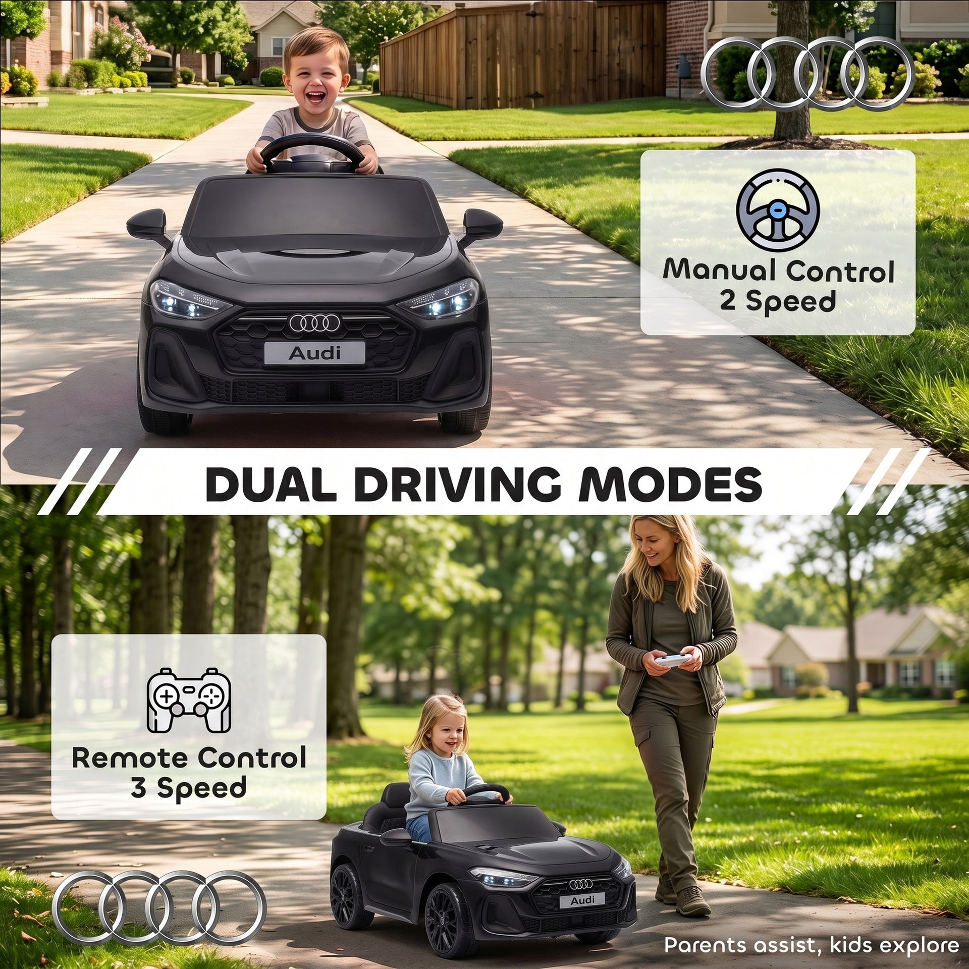 Qaba Audi A5L Licensed Electric Ride on Car for Kids 3-6 with Remote Control Dual Motors 4-Wheel Suspension Music, Black