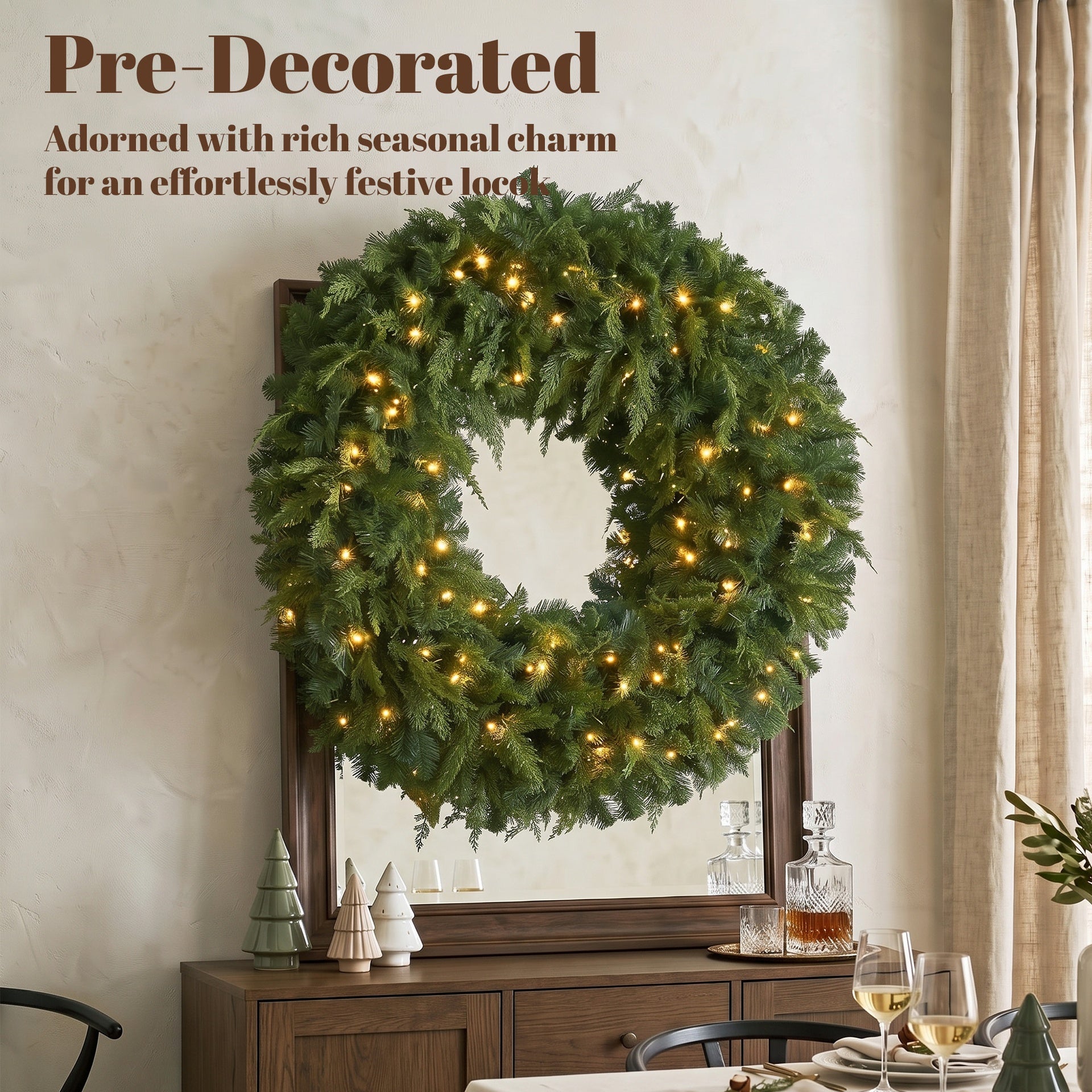 HOMCOM 36" Prelit Crestwood Spruce Artificial Christmas Wreath, Christmas Decor with Bow, LEDs, 8 Modes, Realistic Tips