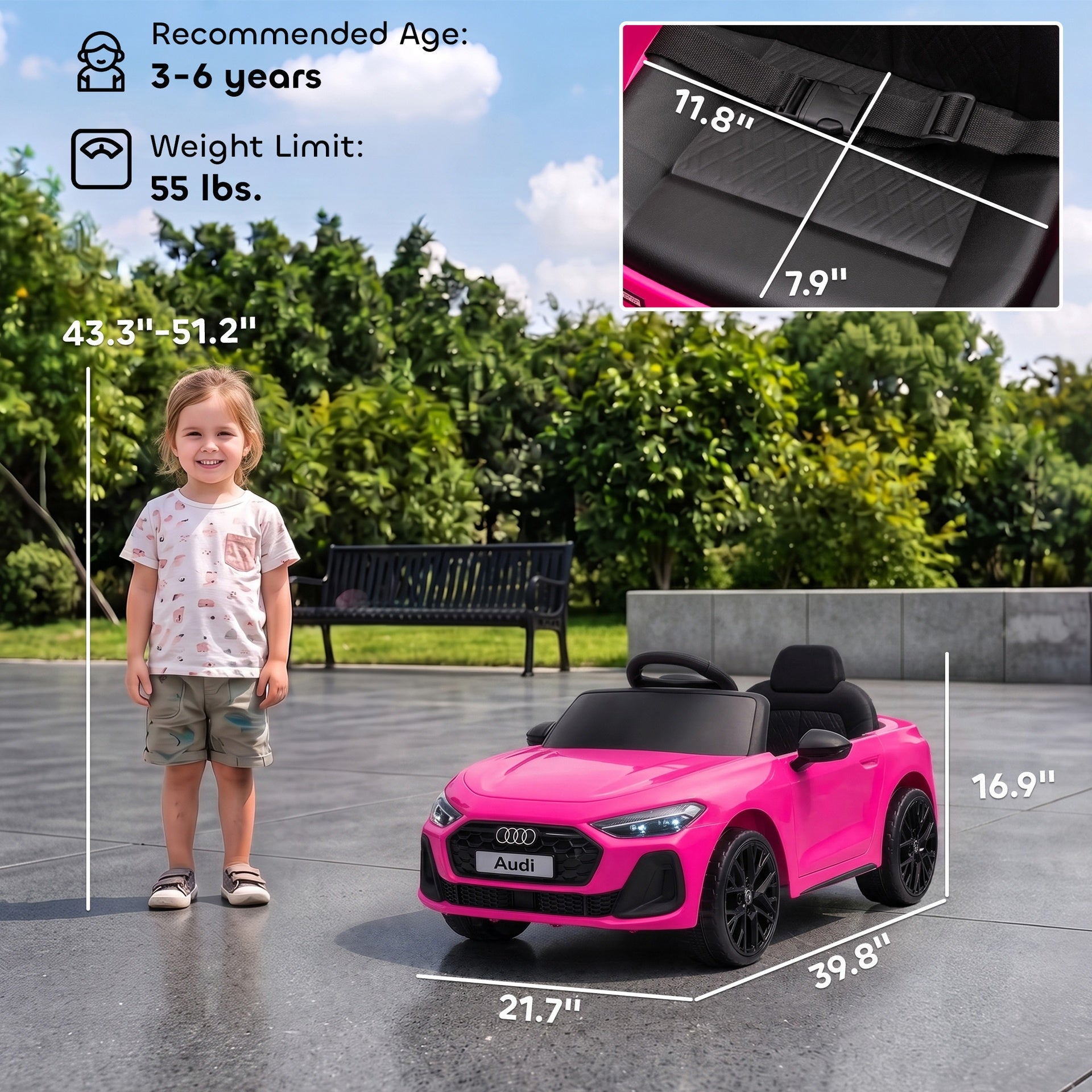 Qaba Audi A5L Licensed Electric Ride on Car for Kids 3-6 with Remote Control Dual Motors 4-Wheel Suspension Music, Pink