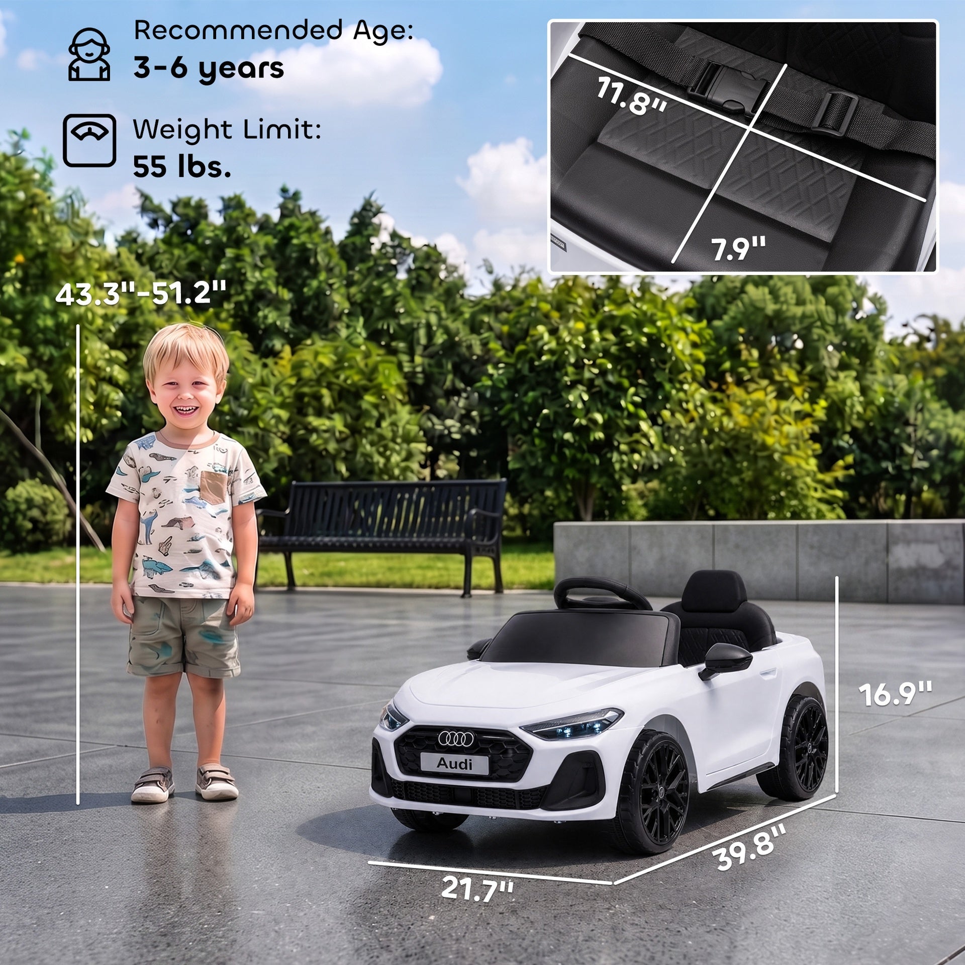 Qaba Audi A5L Licensed Electric Ride on Car for Kids 3-6 with Remote Control Dual Motors 4-Wheel Suspension Music, White