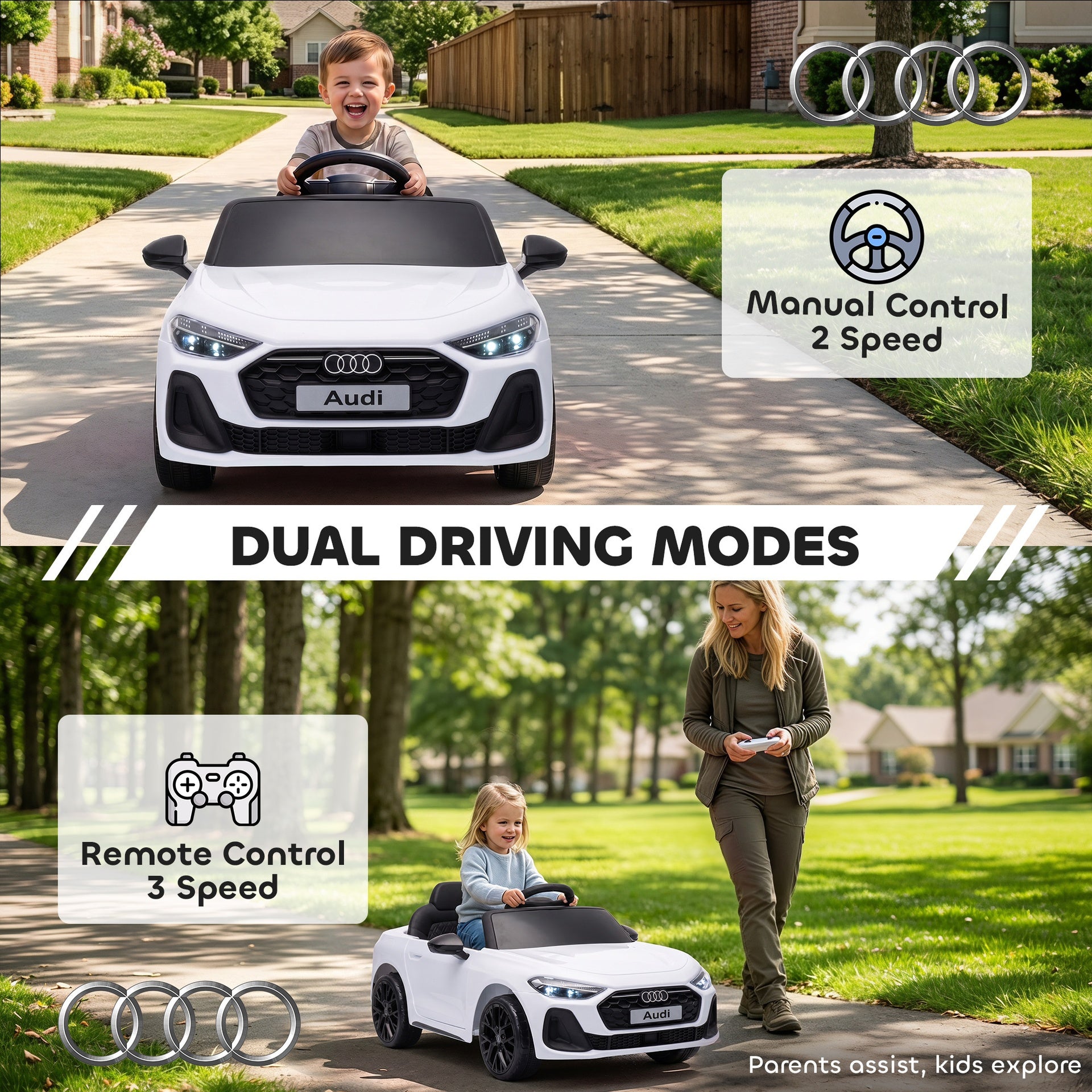 Qaba Audi A5L Licensed Electric Ride on Car for Kids 3-6 with Remote Control Dual Motors 4-Wheel Suspension Music, White