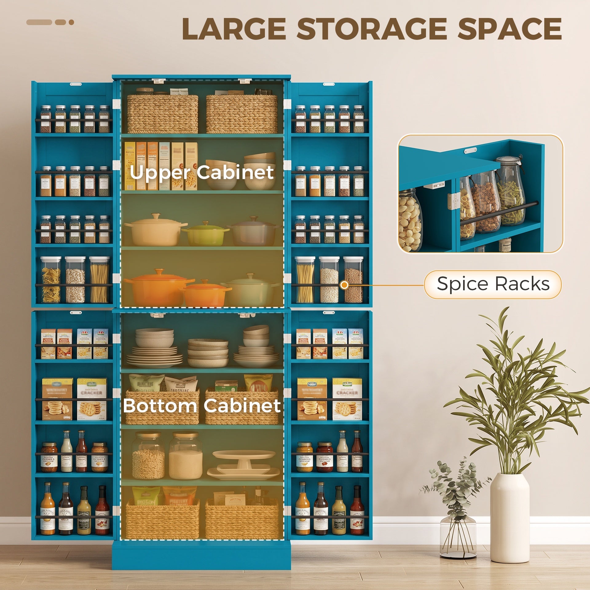 HOMCOM 65" Kitchen Cabinet, Kitchen Pantry Cabinet with 4 Doors and 16 Door Shelves for Dining Room, Blue