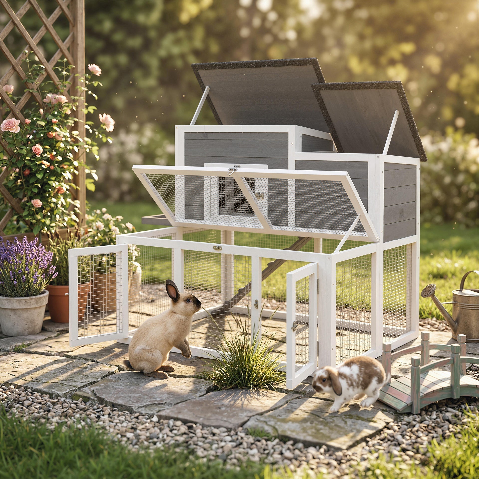 PawHut Wooden Rabbit Hutch, 2-Story Bunny Cage w/ Run, Waterproof & Openable Roof, Pull Out Tray and Ramp for 1-2 Rabbits