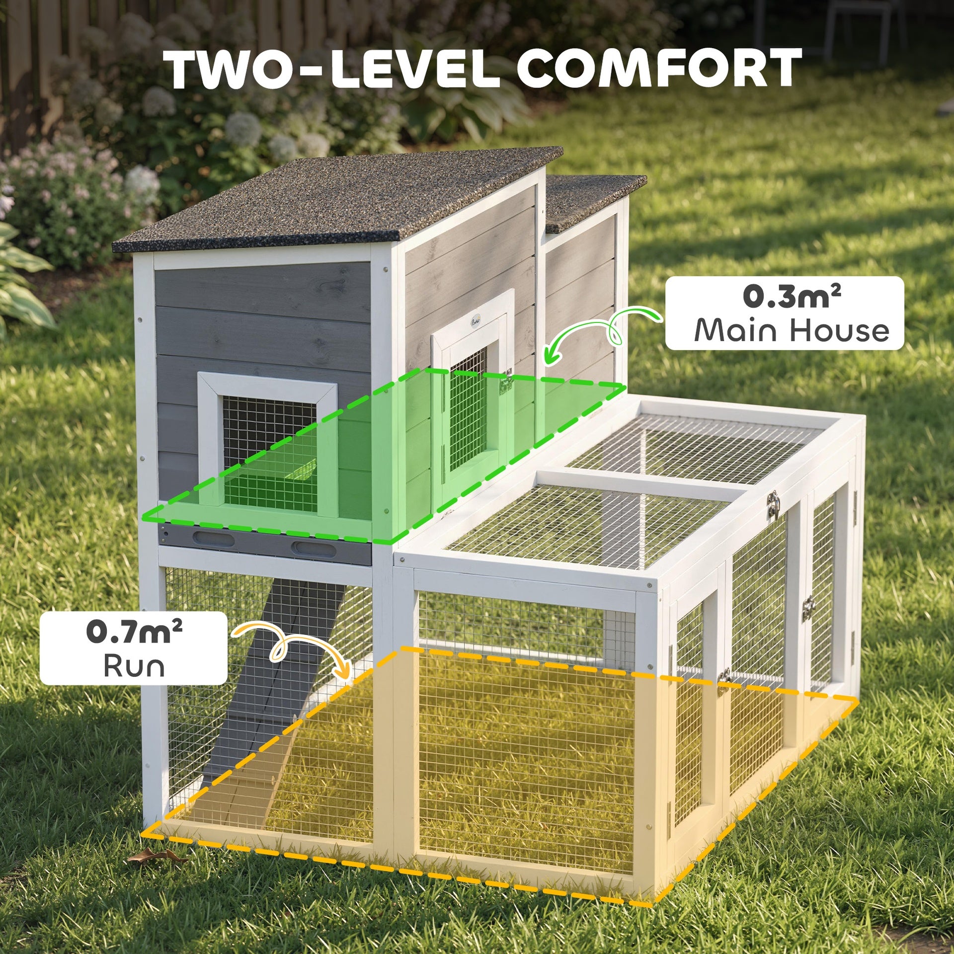 PawHut Wooden Rabbit Hutch, 2-Story Bunny Cage w/ Run, Waterproof & Openable Roof, Pull Out Tray and Ramp for 1-2 Rabbits