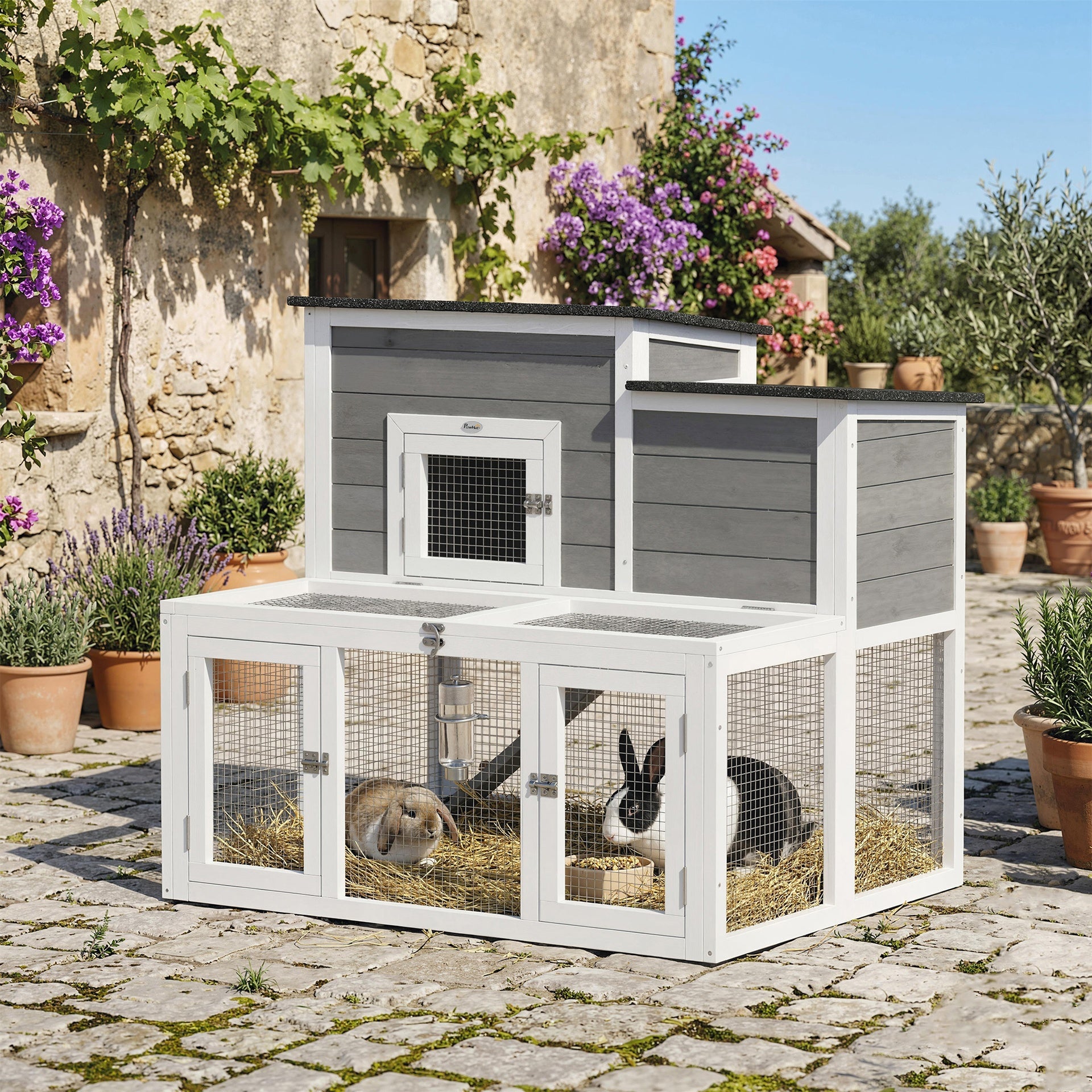 PawHut Wooden Rabbit Hutch, 2-Story Bunny Cage w/ Run, Waterproof & Openable Roof, Pull Out Tray and Ramp for 1-2 Rabbits