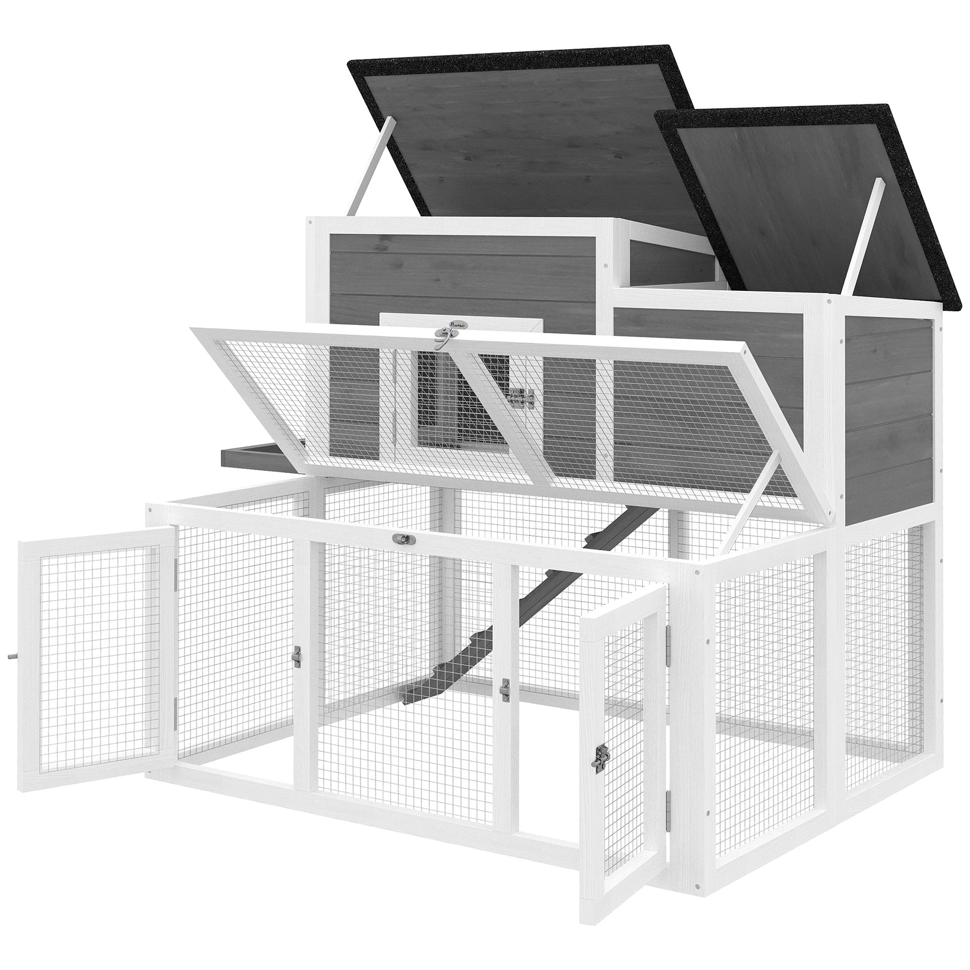 PawHut Wooden Rabbit Hutch, 2-Story Bunny Cage w/ Run, Waterproof & Openable Roof, Pull Out Tray and Ramp for 1-2 Rabbits