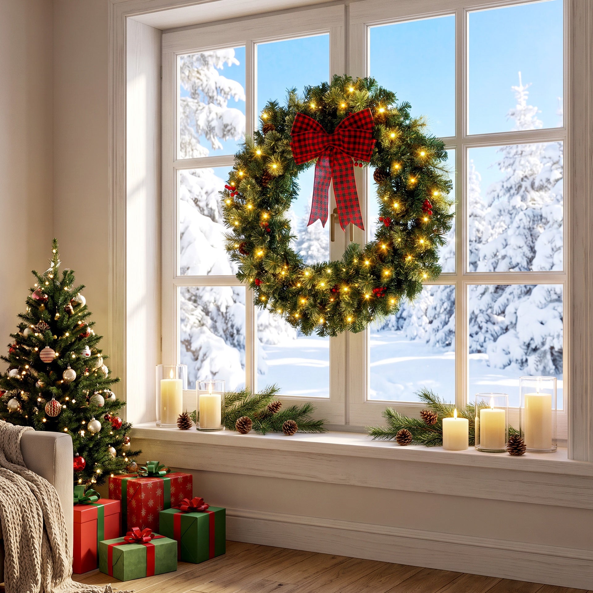 HOMCOM 36" Prelit Crestwood Spruce Artificial Christmas Wreath, Christmas Decor with Bow, 8 Modes, Red Berries, Pinecones