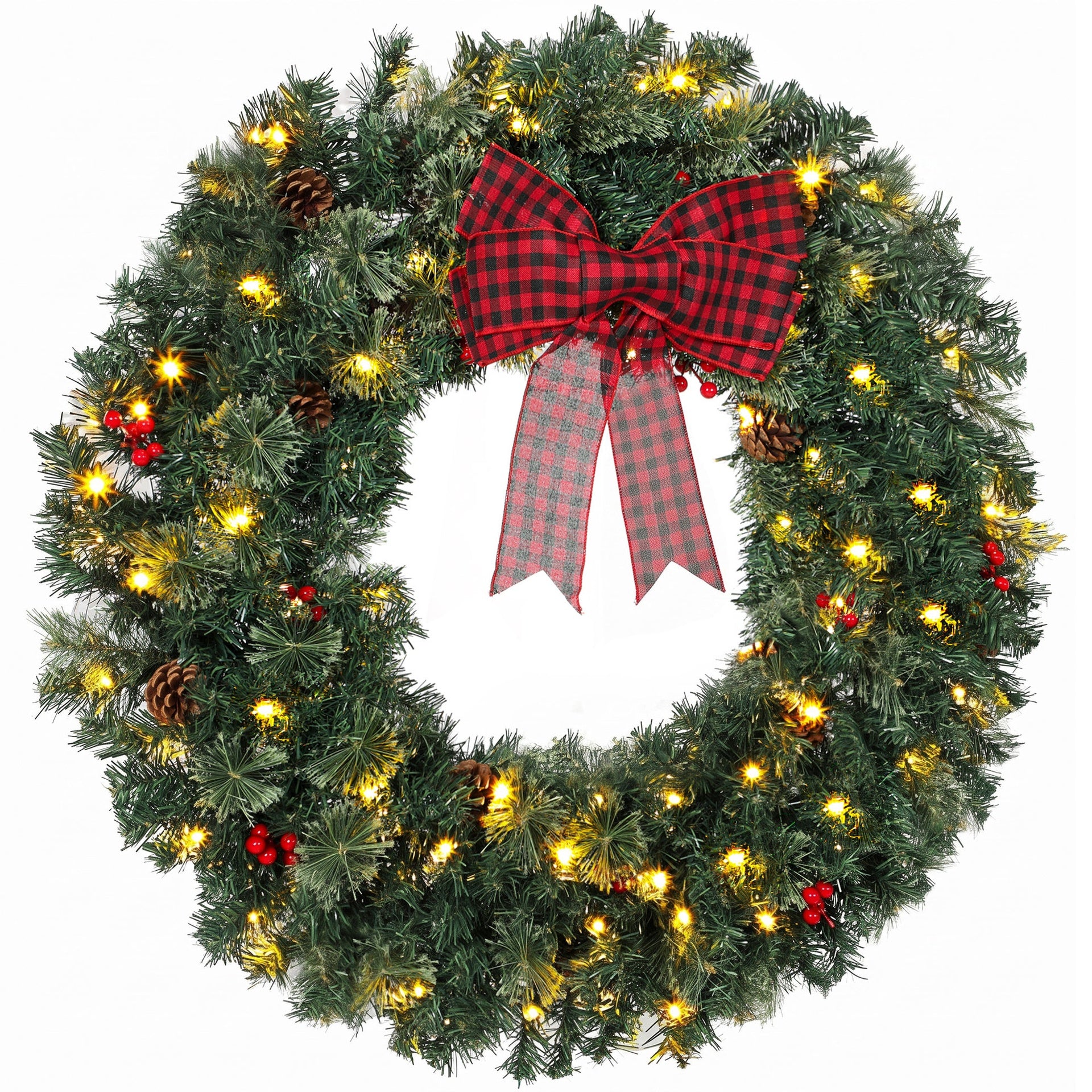 HOMCOM 36" Prelit Crestwood Spruce Artificial Christmas Wreath, Christmas Decor with Bow, 8 Modes, Red Berries, Pinecones