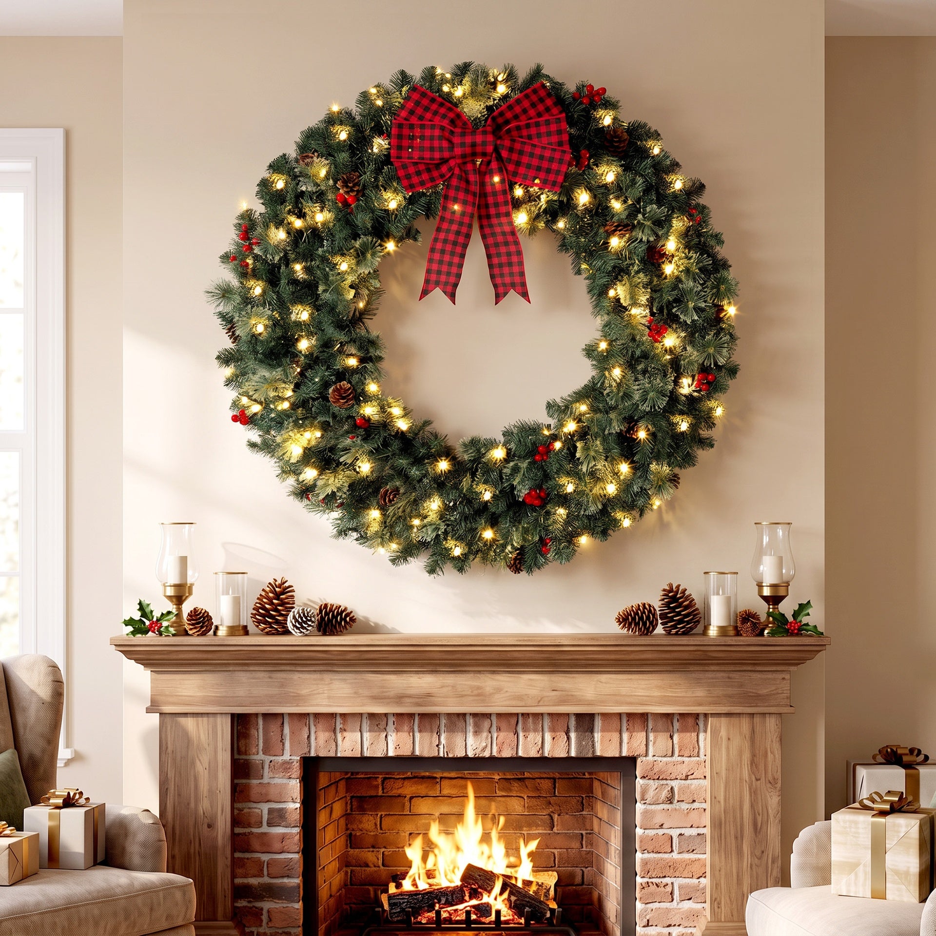 HOMCOM 36" Prelit Crestwood Spruce Artificial Christmas Wreath, Christmas Decor with Bow, 8 Modes, Red Berries, Pinecones