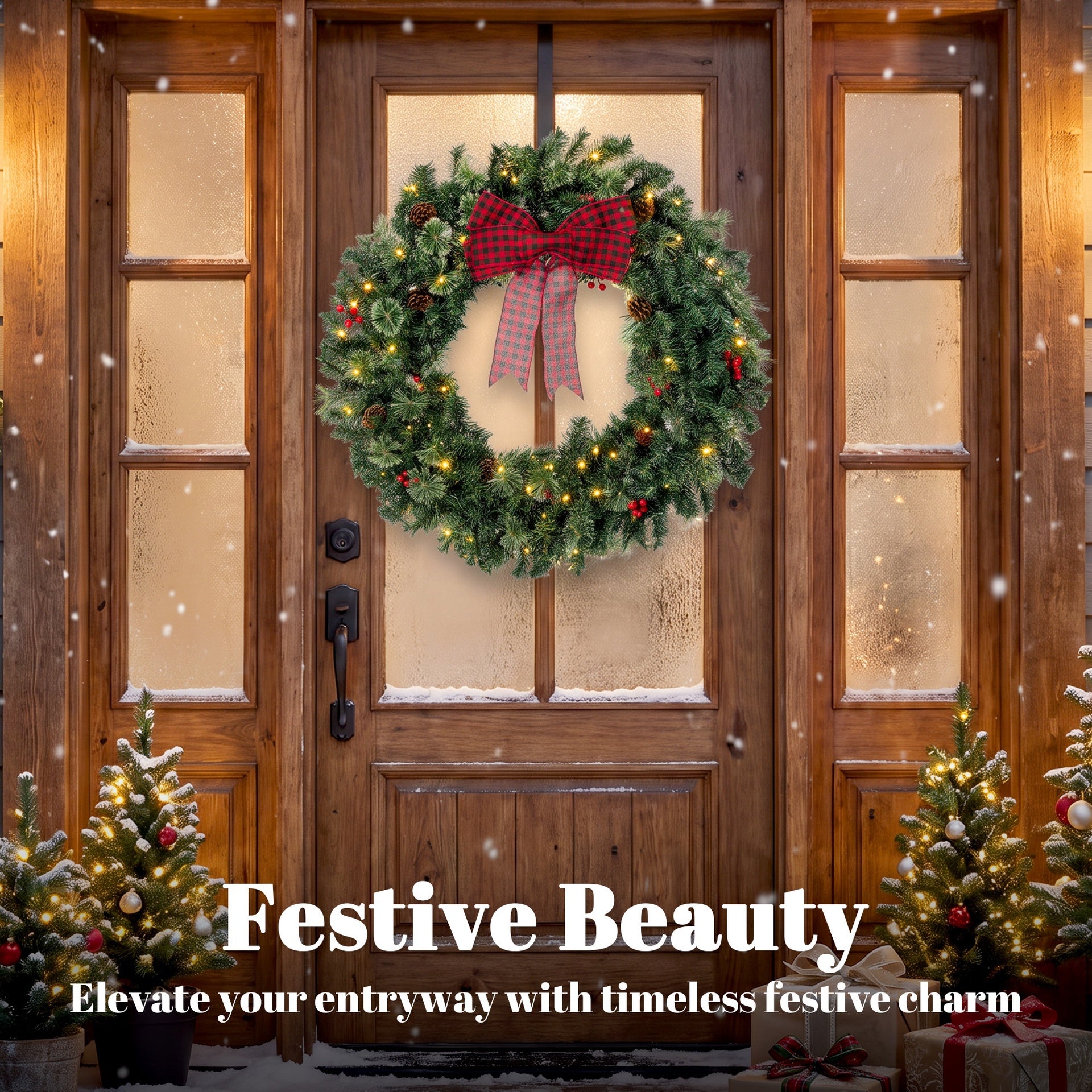 HOMCOM 36" Prelit Crestwood Spruce Artificial Christmas Wreath, Christmas Decor with Bow, 8 Modes, Red Berries, Pinecones