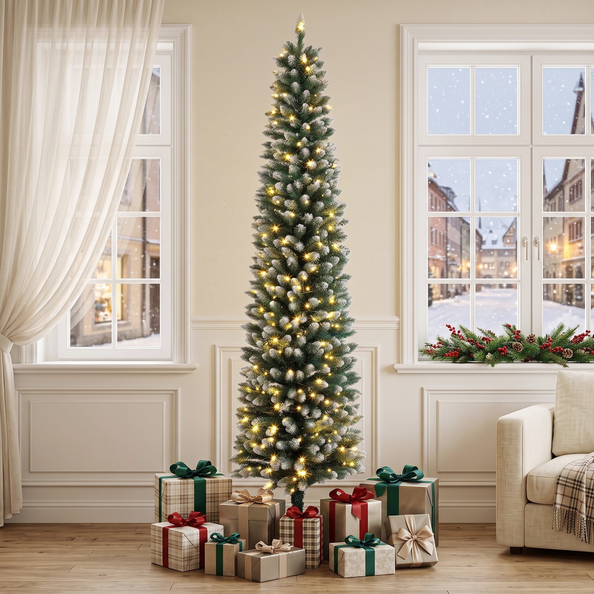 HOMCOM 8ft Pencil Prelit Christmas Tree, Dual Color LEDs, Flocked, Remote, Slim Xmas Tree with 11 Modes, Green White