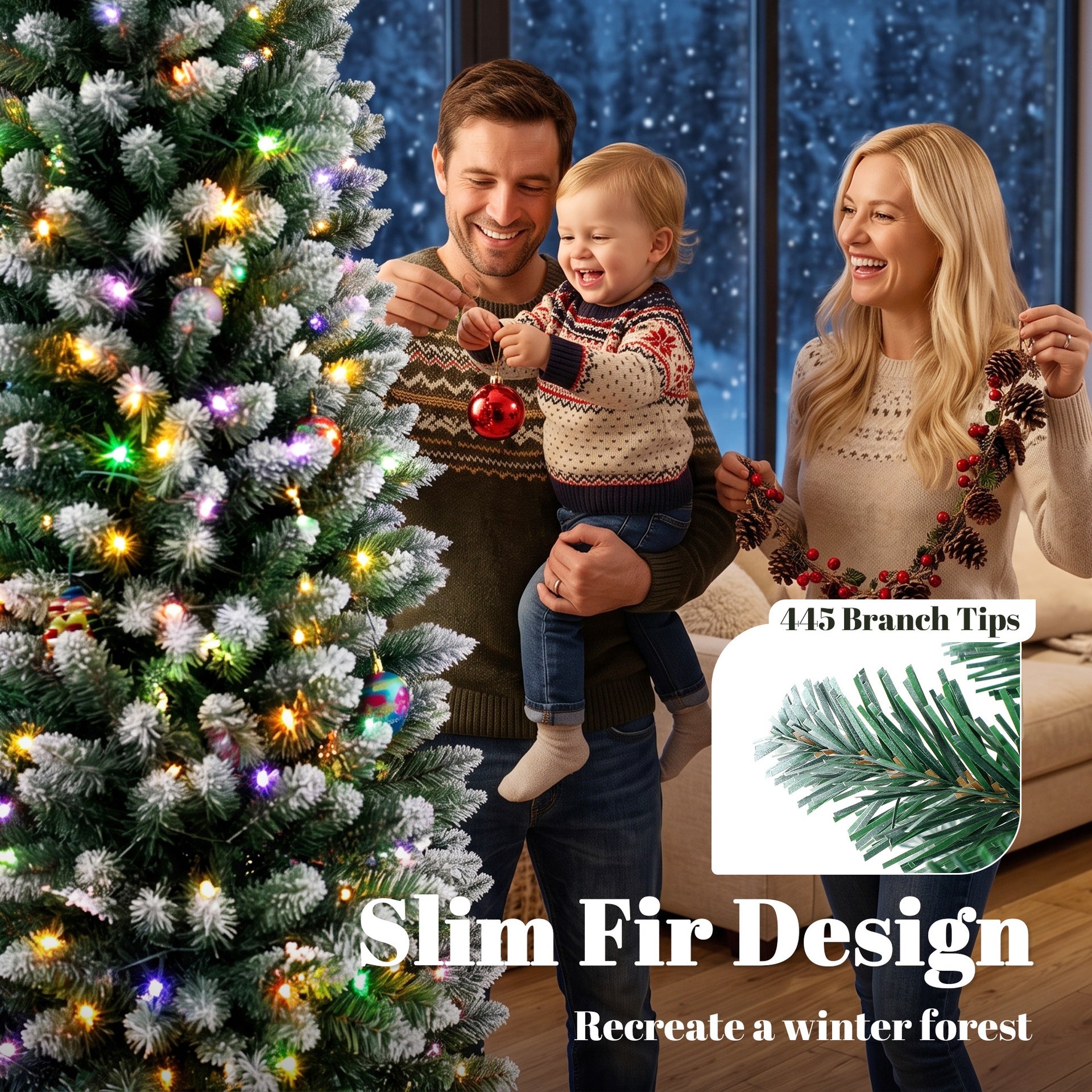 HOMCOM 8ft Pencil Prelit Christmas Tree, Dual Color LEDs, Flocked, Remote, Slim Xmas Tree with 11 Modes, Green White