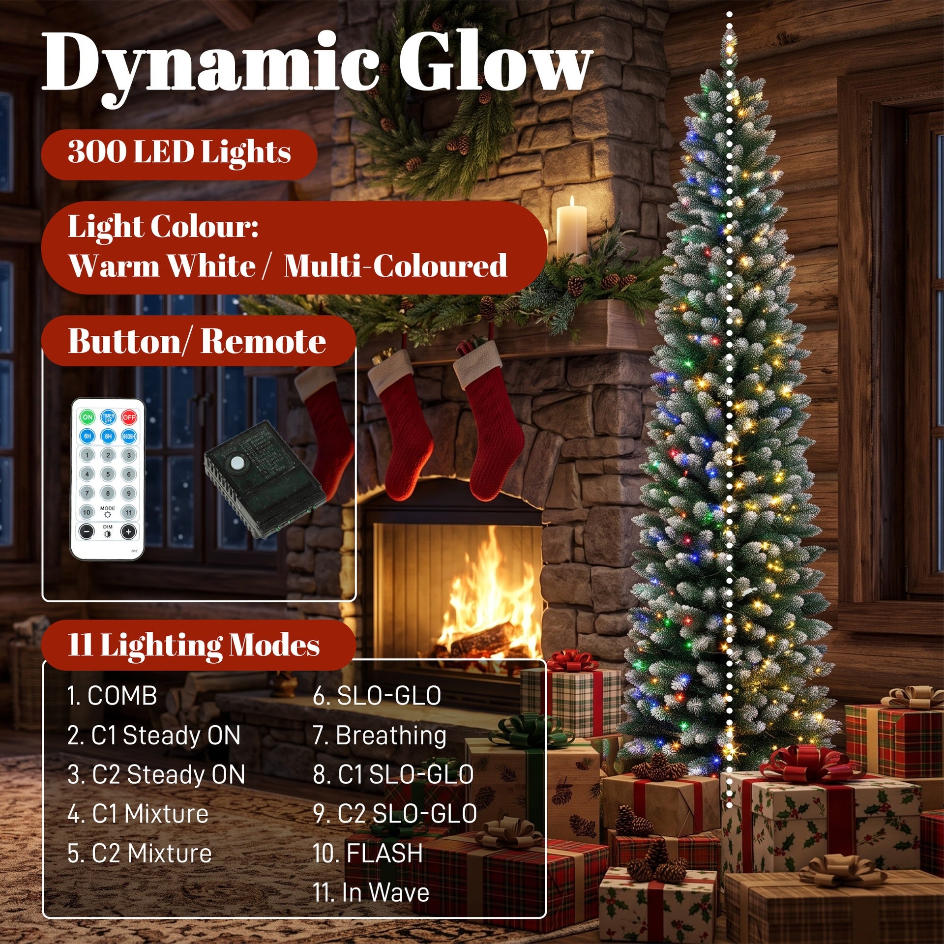 HOMCOM 8ft Pencil Prelit Christmas Tree, Dual Color LEDs, Flocked, Remote, Slim Xmas Tree with 11 Modes, Green White