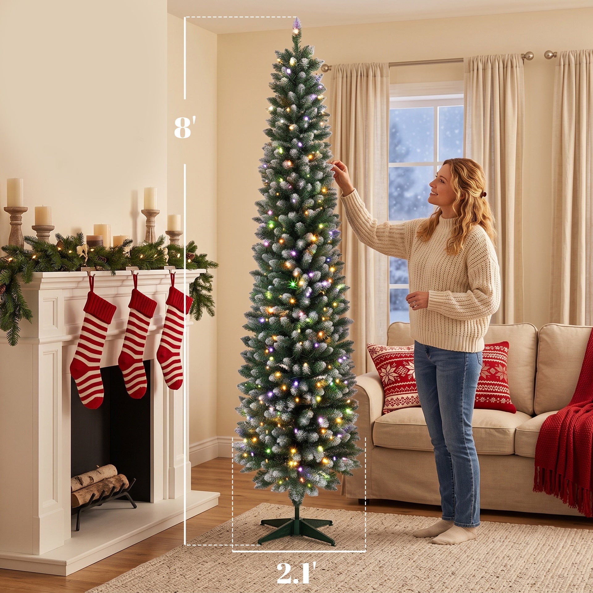 HOMCOM 8ft Pencil Prelit Christmas Tree, Dual Color LEDs, Flocked, Remote, Slim Xmas Tree with 11 Modes, Green White