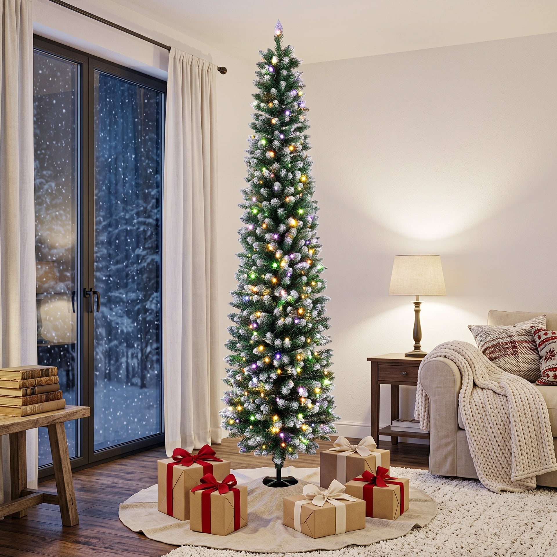 HOMCOM 8ft Pencil Prelit Christmas Tree, Dual Color LEDs, Flocked, Remote, Slim Xmas Tree with 11 Modes, Green White