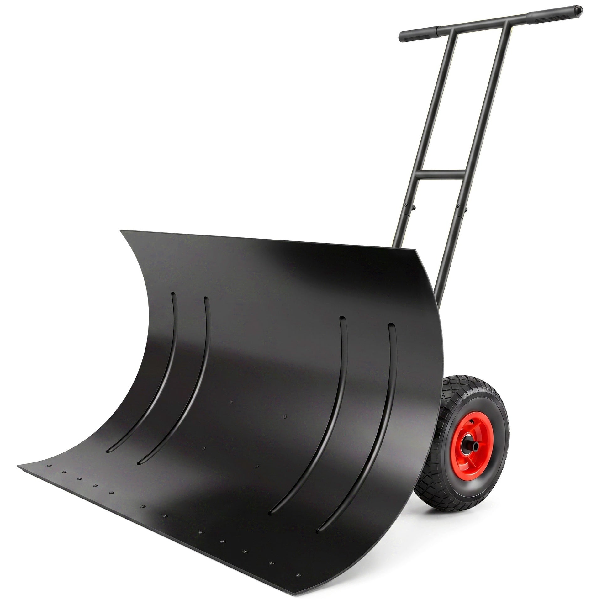 Outsunny Snow Shovel with Wheels, 29" Metal Snow Pusher with Adjustable Handle, 7-Angle Blade, Wear Strip for Driveway, Black