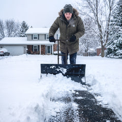 Outsunny Snow Shovel with Wheels, 29" Metal Snow Pusher with Adjustable Handle, 7-Angle Blade, Wear Strip for Driveway, Black