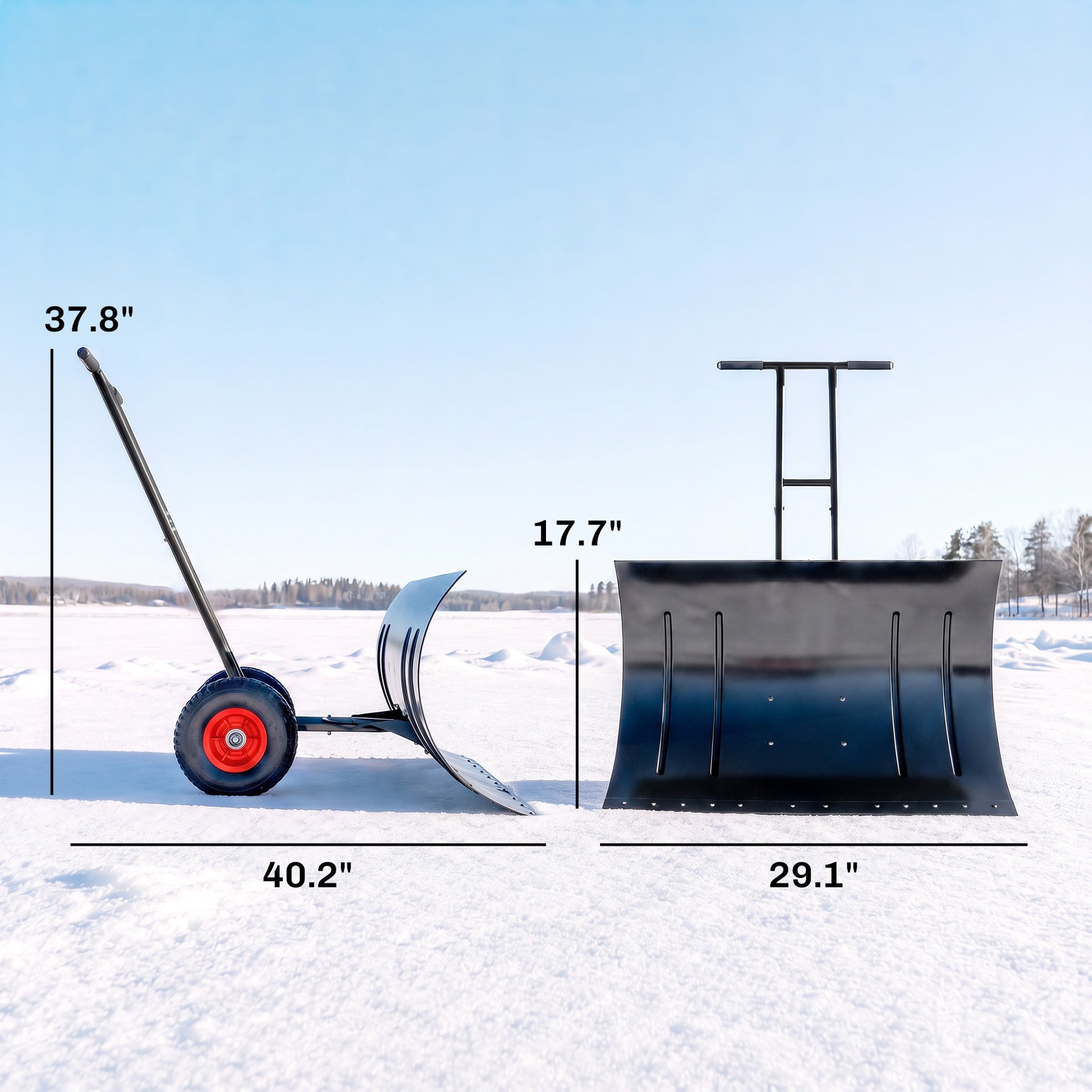 Outsunny Snow Shovel with Wheels, 29" Metal Snow Pusher with Adjustable Handle, 7-Angle Blade, Wear Strip for Driveway, Black