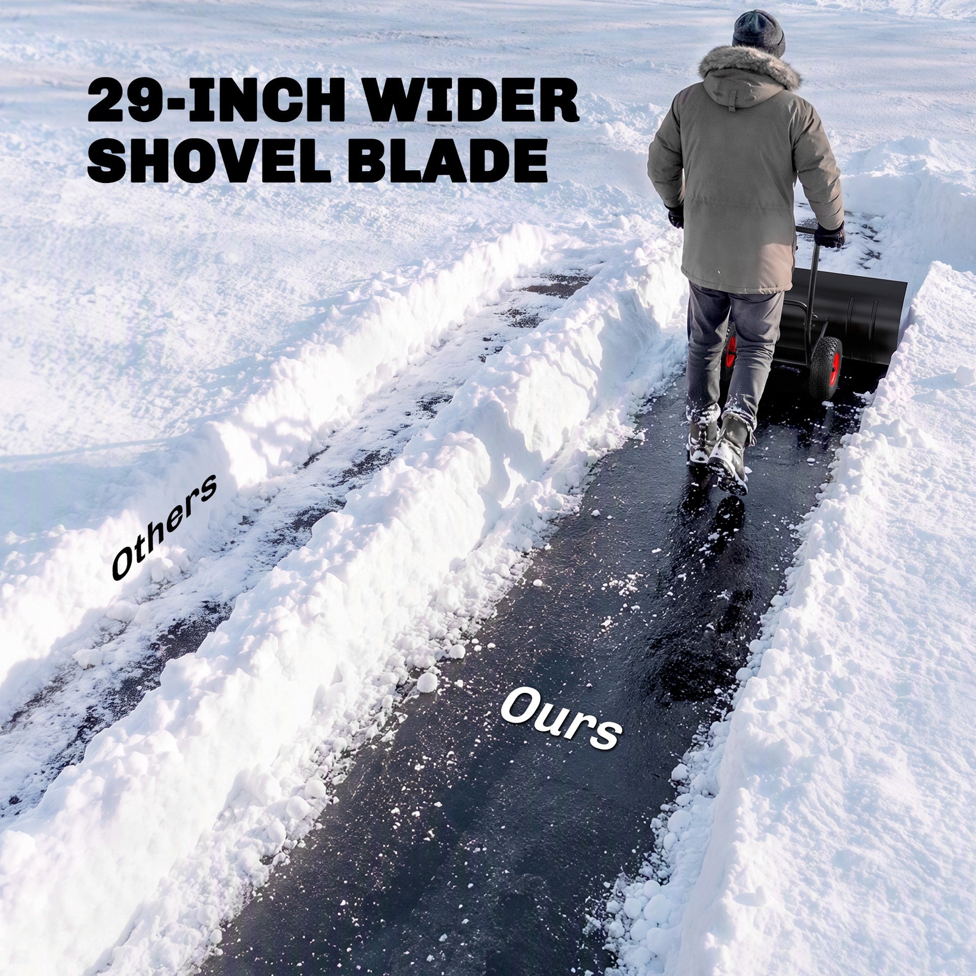 Outsunny Snow Shovel with Wheels, 29" Metal Snow Pusher with Adjustable Handle, 7-Angle Blade, Wear Strip for Driveway, Black