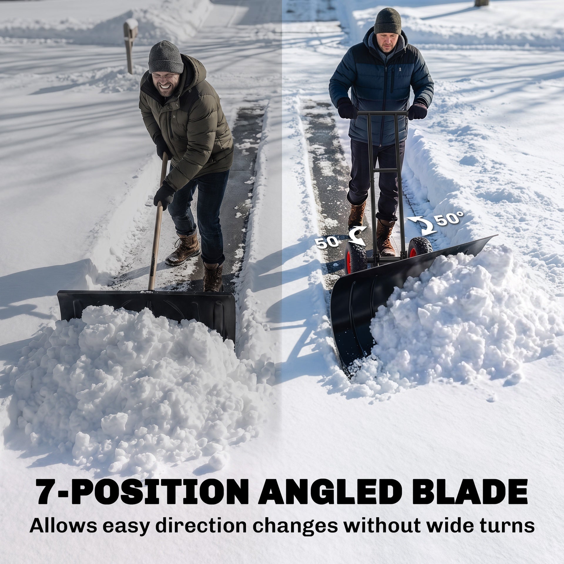 Outsunny Snow Shovel with Wheels, 29" Metal Snow Pusher with Adjustable Handle, 7-Angle Blade, Wear Strip for Driveway, Black