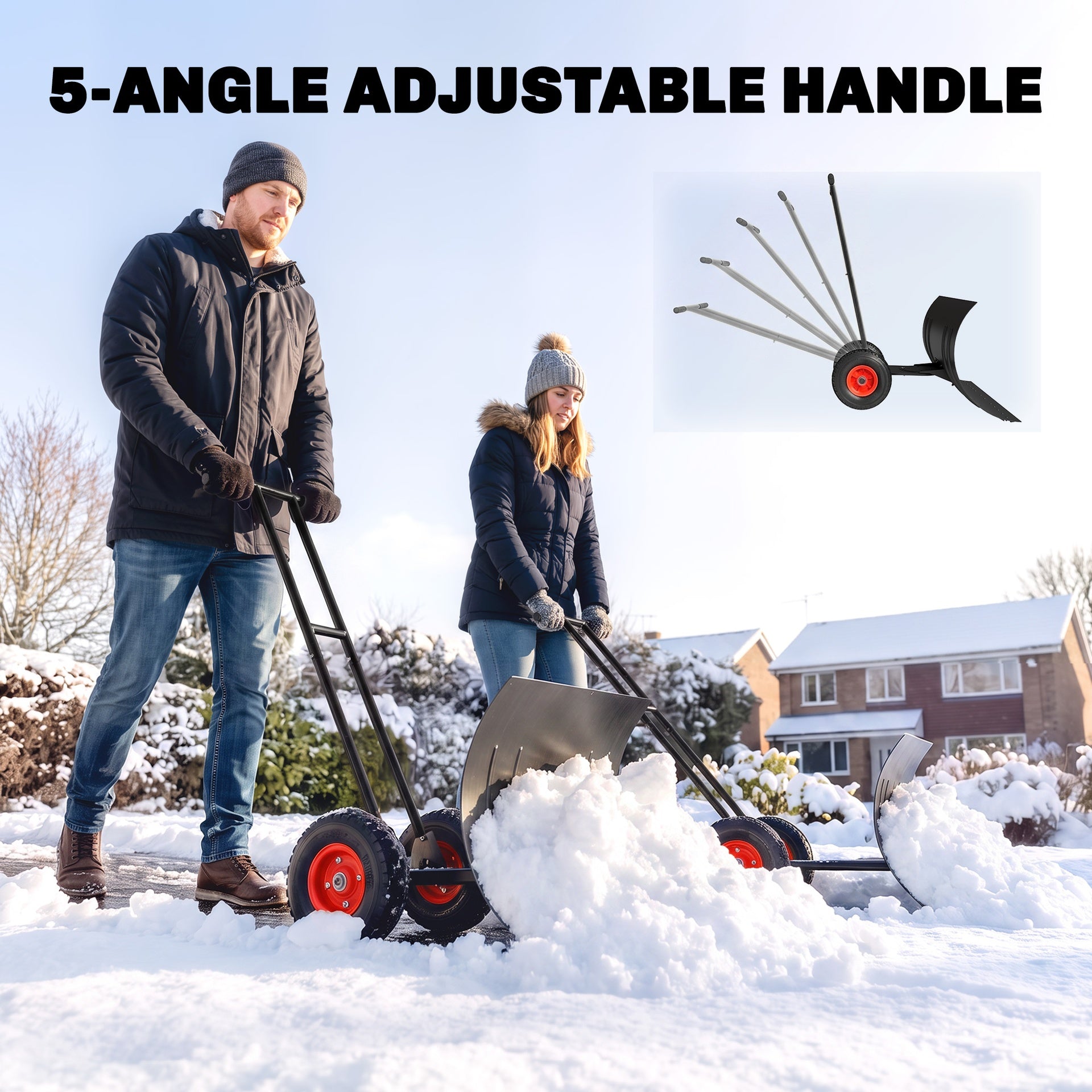 Outsunny Snow Shovel with Wheels, 29" Metal Snow Pusher with Adjustable Handle, 7-Angle Blade, Wear Strip for Driveway, Black