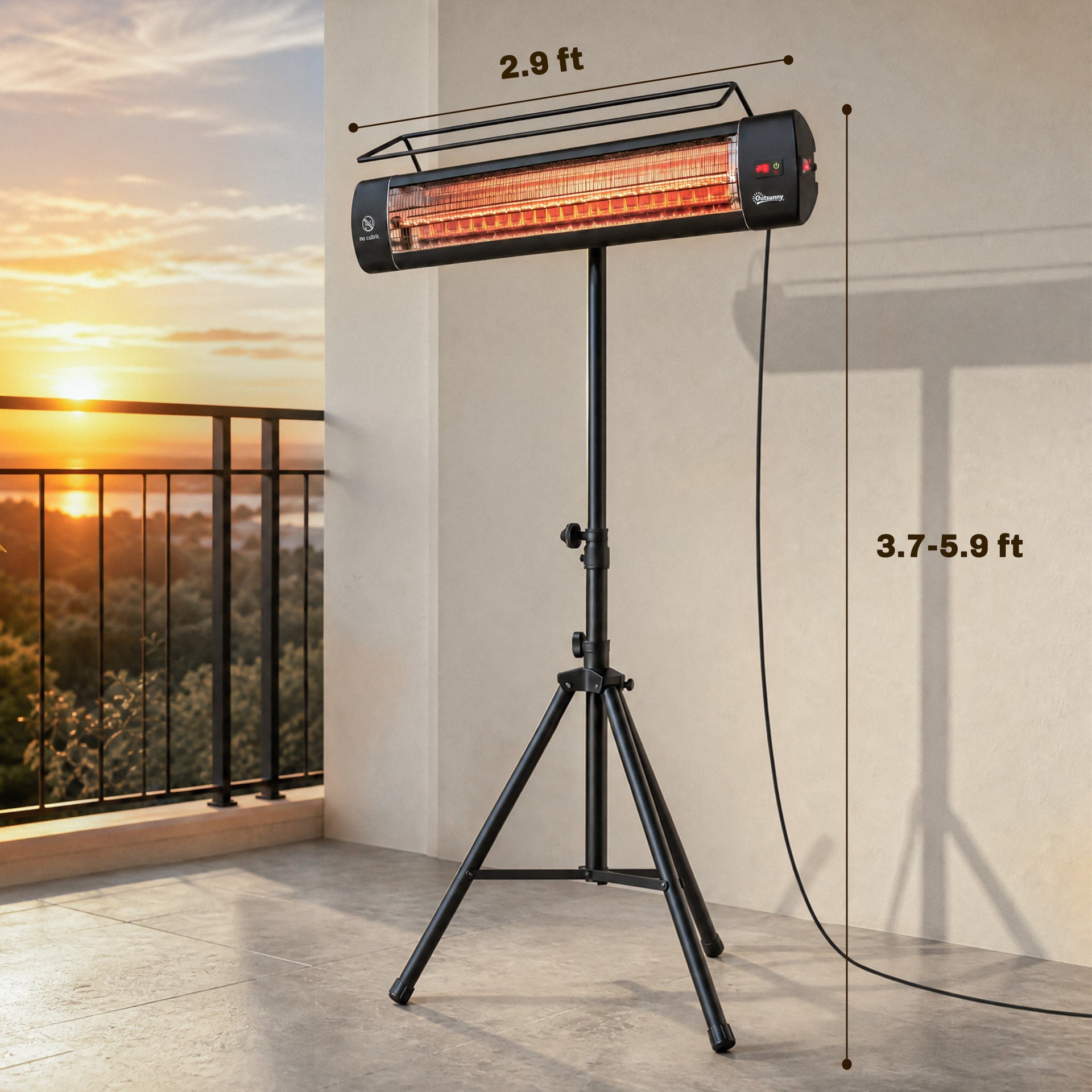 Outsunny Electric Patio Heater, 1500 W Standing IP65 Outdoor Infrared Heater with Tripod, 3 Heat Levels, 24H Timer, Black