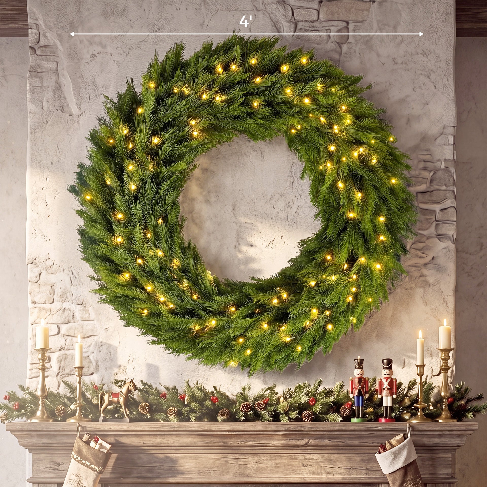 HOMCOM Christmas Decoration, 48 in Pre-Lit Norwegian Spruce Artificial Christmas Wreath with 150 LED Lights, Green