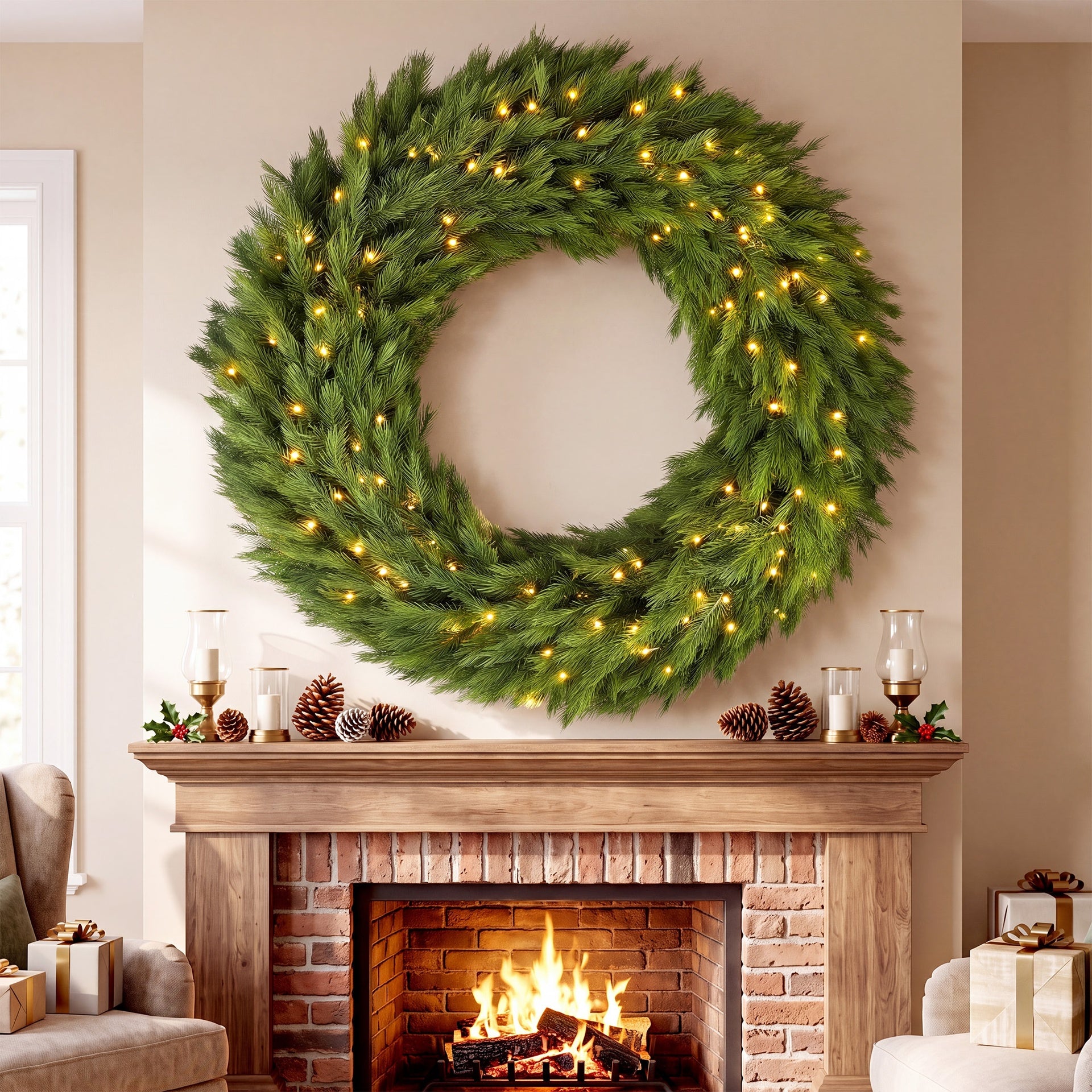 HOMCOM Christmas Decoration, 48 in Pre-Lit Norwegian Spruce Artificial Christmas Wreath with 150 LED Lights, Green