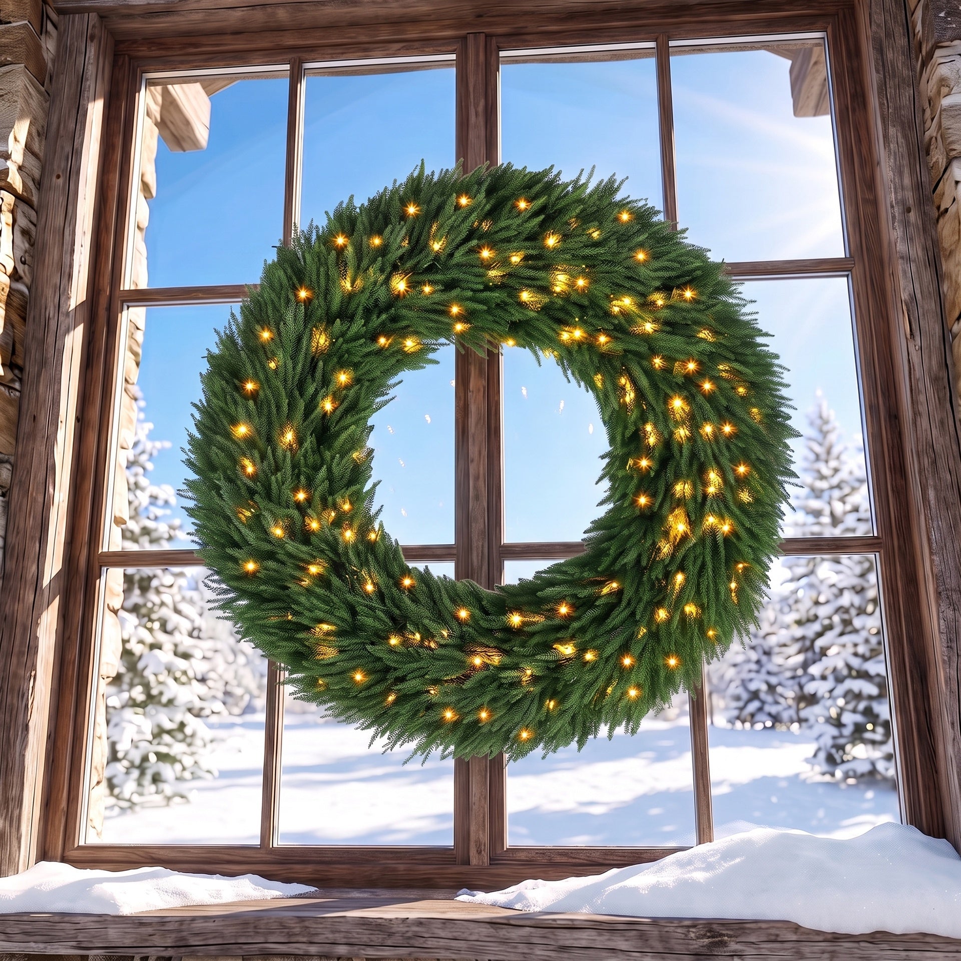 HOMCOM Christmas Decoration, 48 in Pre-Lit Norfolk Pine Artificial Christmas Wreath with 150 LED Lights, Green
