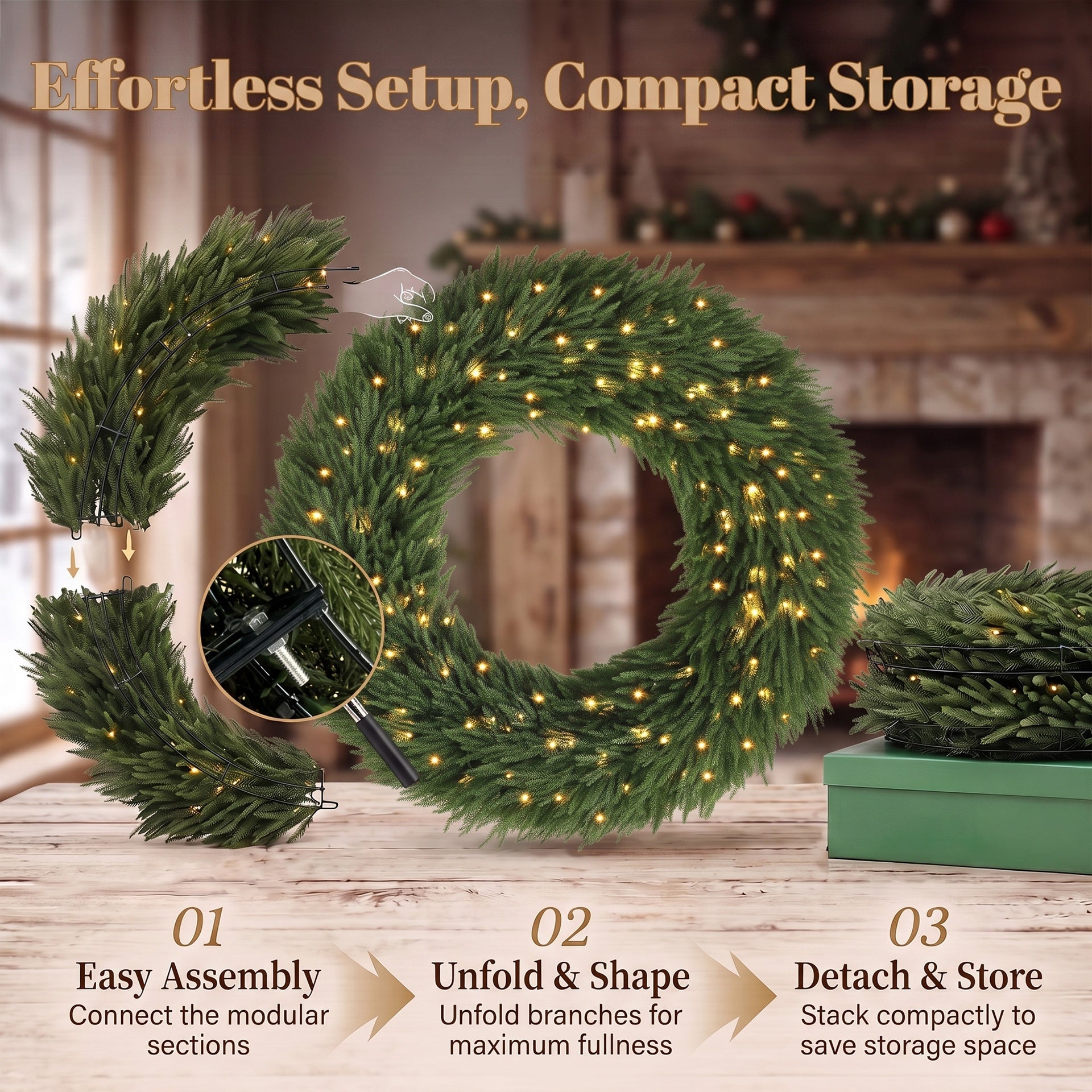 HOMCOM Christmas Decoration, 48 in Pre-Lit Norfolk Pine Artificial Christmas Wreath with 150 LED Lights, Green
