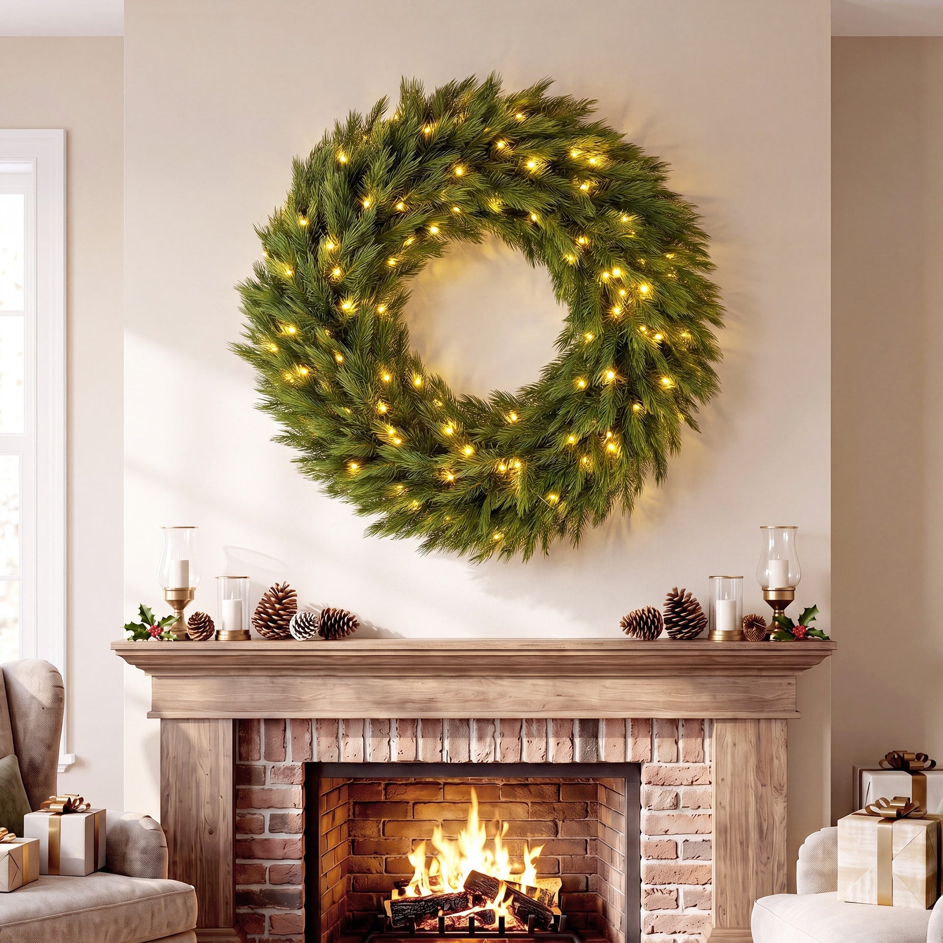 HOMCOM Christmas Decoration, 36 in Pre-Lit Norwegian Spruce Artificial Christmas Wreath with 100 LED Lights, Green