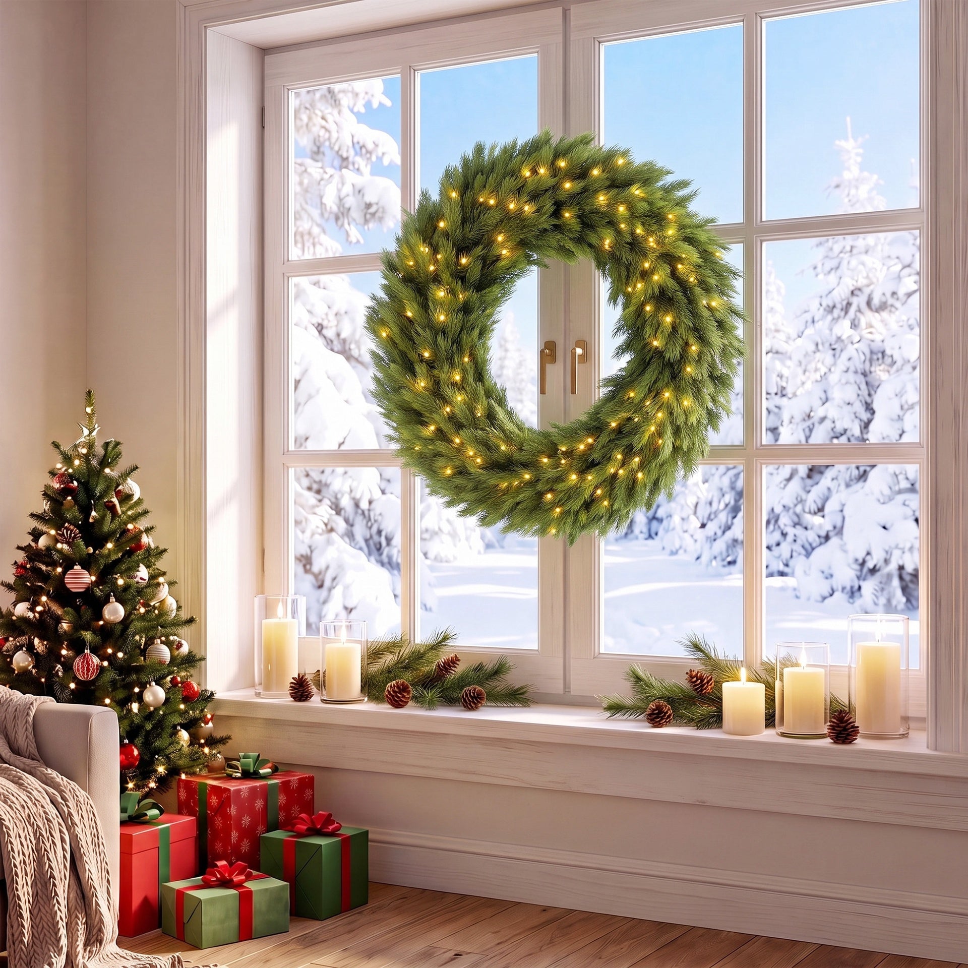 HOMCOM Christmas Decoration, 36 in Pre-Lit Norwegian Spruce Artificial Christmas Wreath with 100 LED Lights, Green