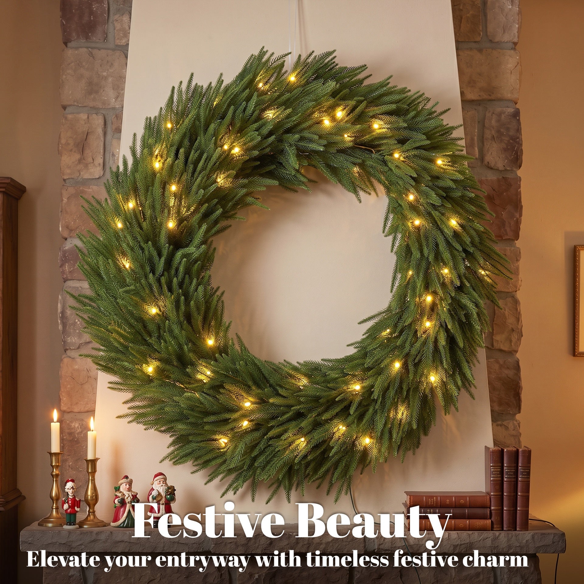 HOMCOM Christmas Decoration, 36 in Pre-Lit Norfolk Pine Artificial Christmas Wreath with 100 LED Lights, Green