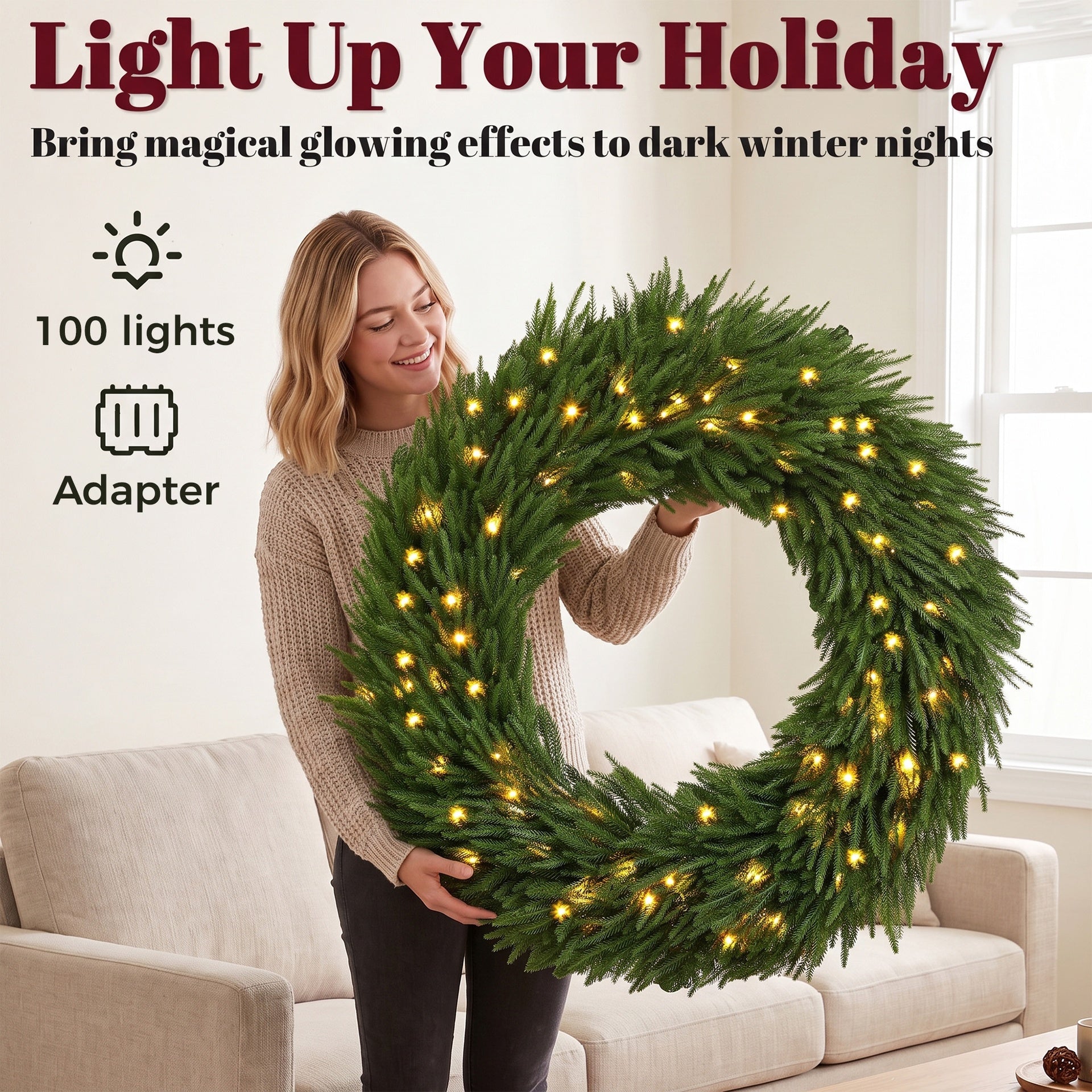 HOMCOM Christmas Decoration, 36 in Pre-Lit Norfolk Pine Artificial Christmas Wreath with 100 LED Lights, Green