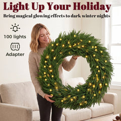 HOMCOM Christmas Decoration, 36 in Pre-Lit Norfolk Pine Artificial Christmas Wreath with 100 LED Lights, Green