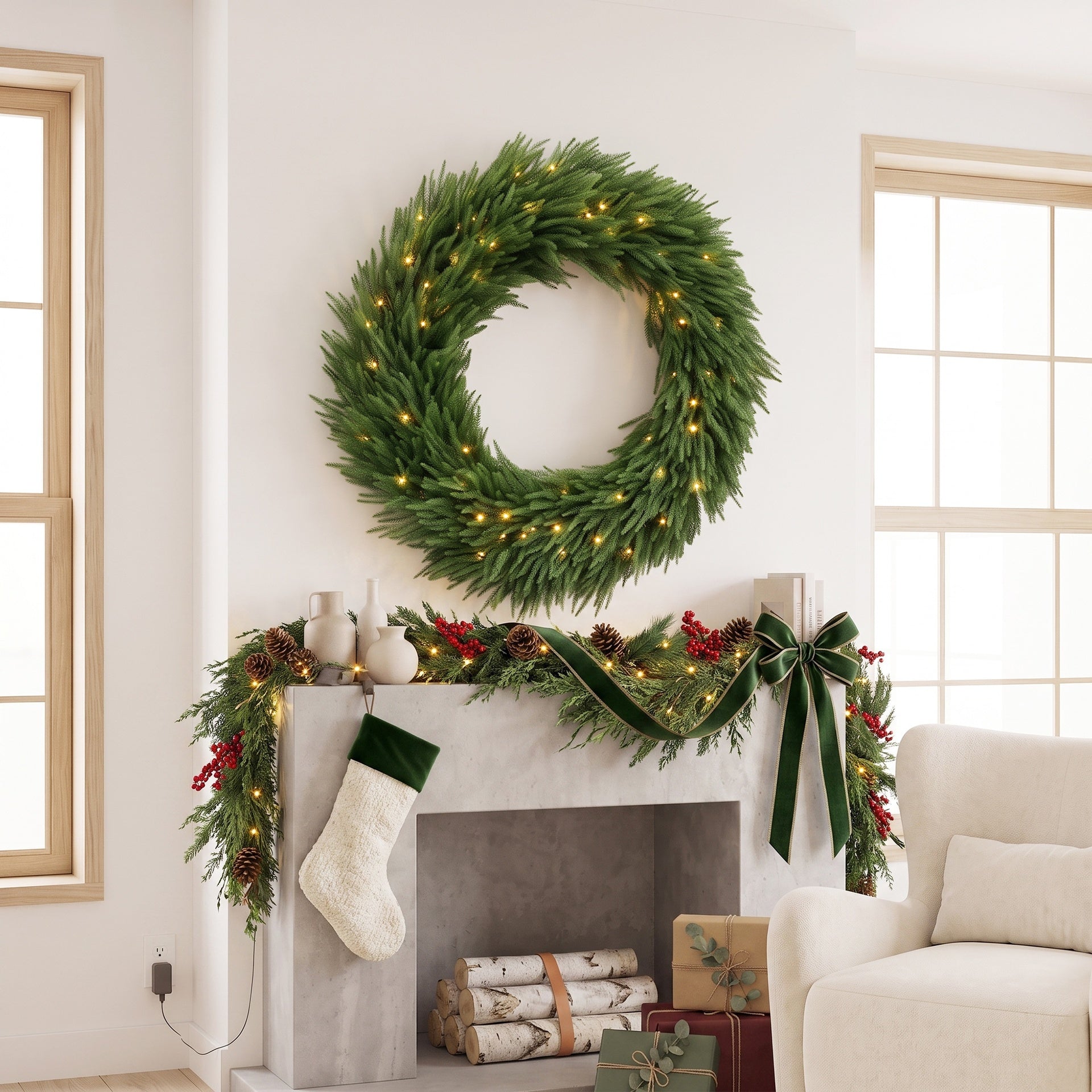 HOMCOM Christmas Decoration, 36 in Pre-Lit Norfolk Pine Artificial Christmas Wreath with 100 LED Lights, Green