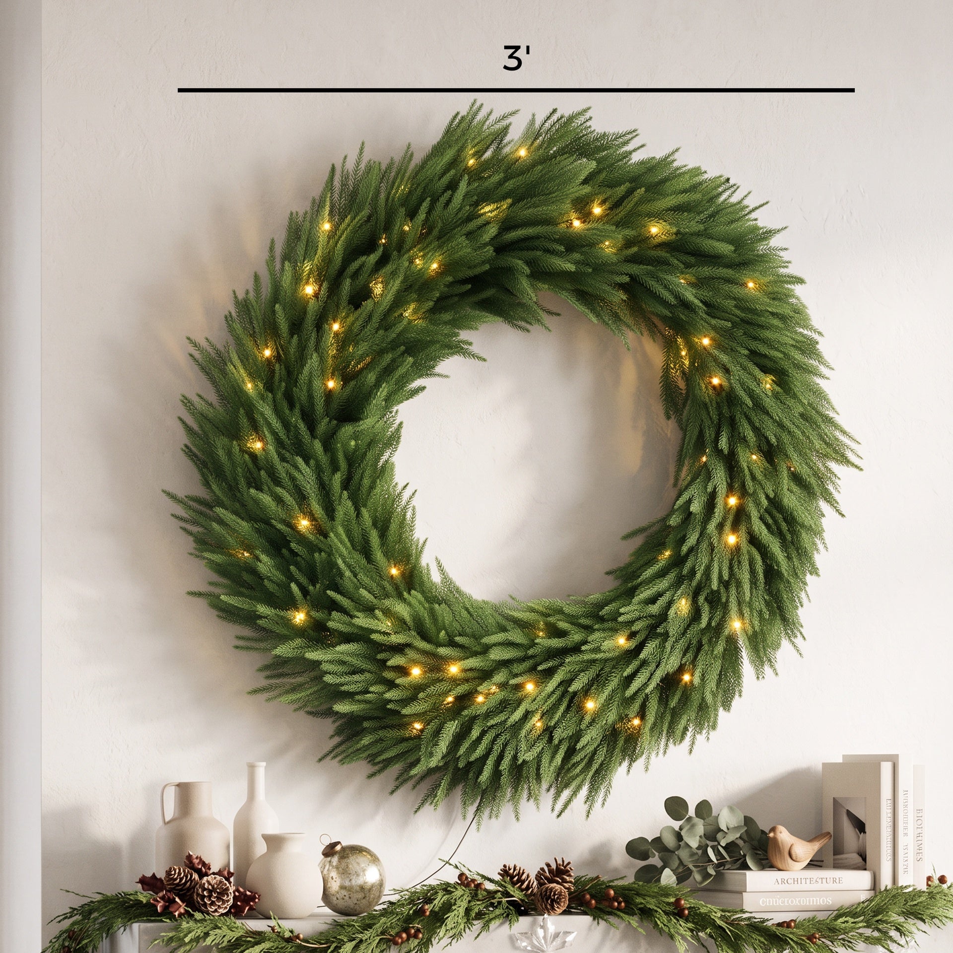 HOMCOM Christmas Decoration, 36 in Pre-Lit Norfolk Pine Artificial Christmas Wreath with 100 LED Lights, Green