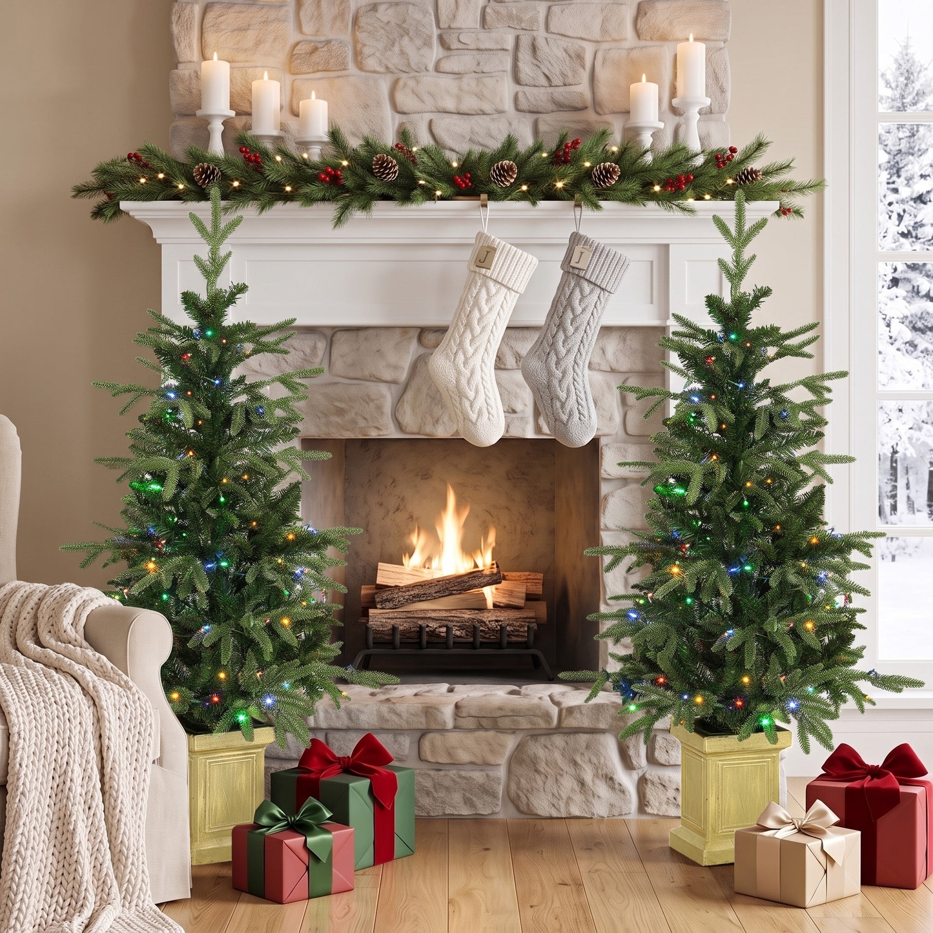 HOMCOM 4ft Prelit Christmas Tree with Dual-Color LEDs, Remote, Set of 2 Aspen Fir, Battery-Operated, 11 Modes, Decorative Pot