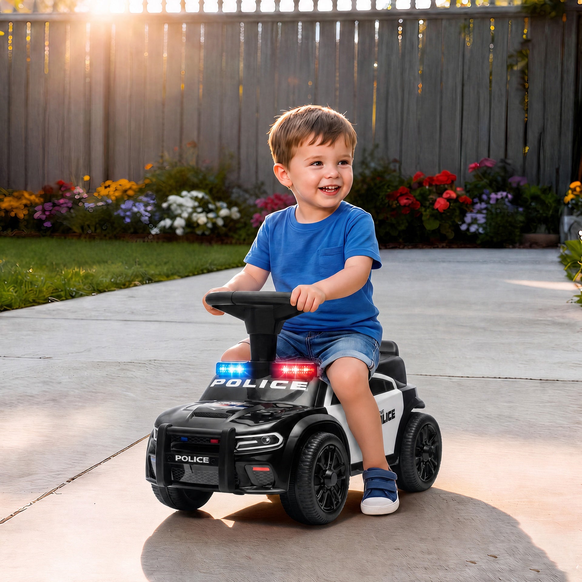 Qaba Toddler Push Car, Police Car Styling, Ride on Toys with Under-Seat Storage and Anti Tip Device, for 18-36 Months, Black